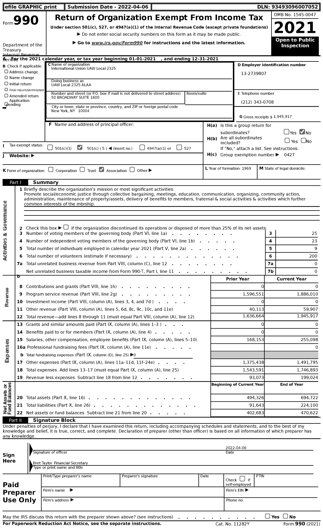 Image of first page of 2021 Form 990 for UAW - Local Union 2325 UAW