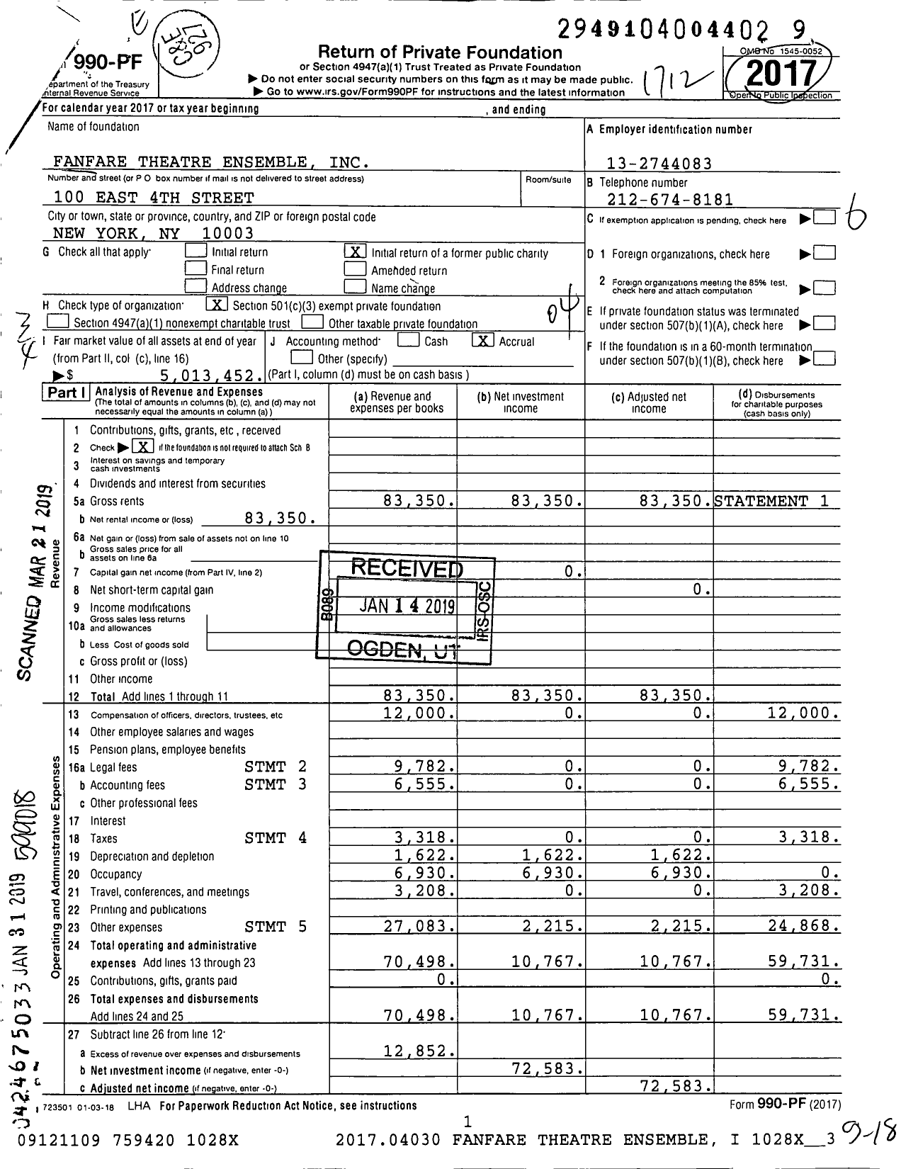 Image of first page of 2017 Form 990PF for Fanfare Theatre Ensemble