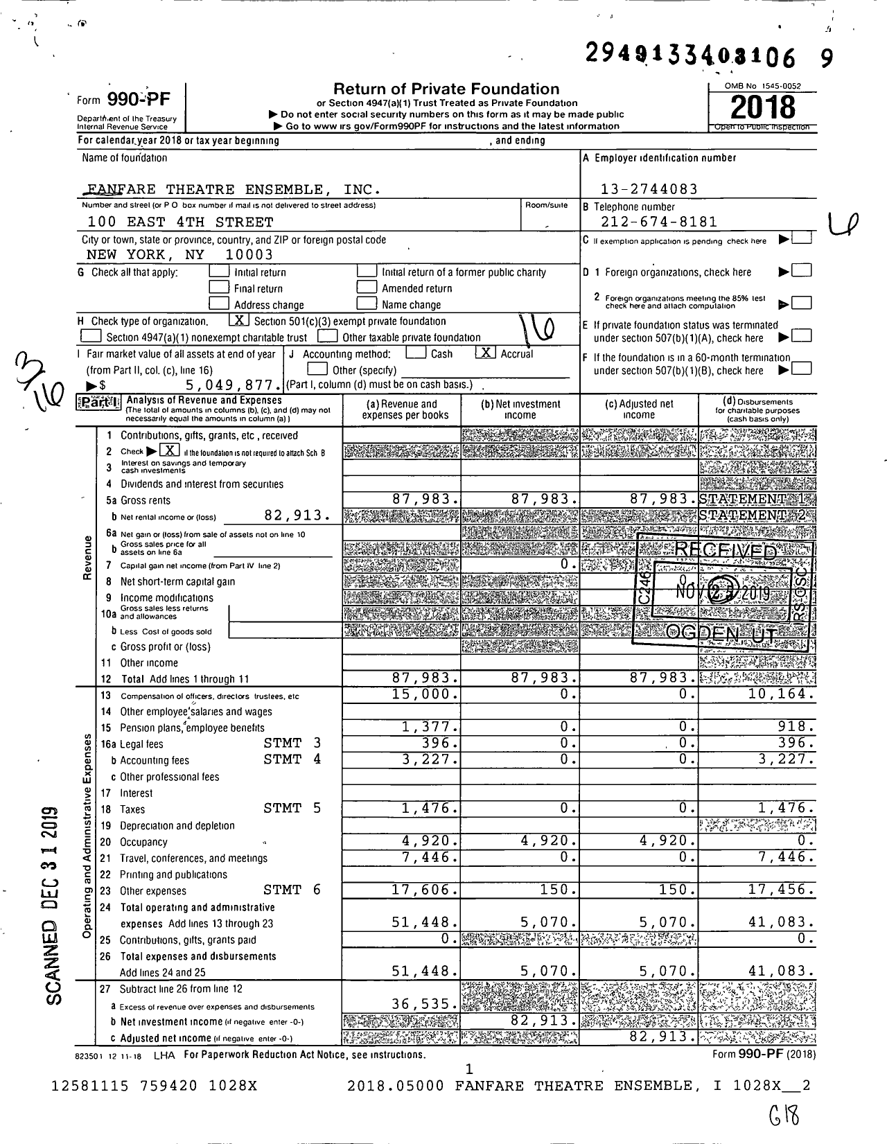 Image of first page of 2018 Form 990PF for Fanfare Theatre Ensemble