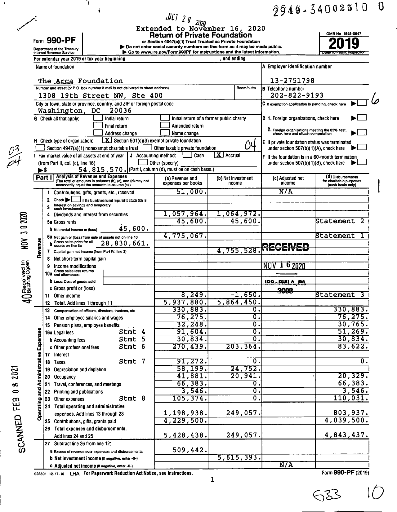 Image of first page of 2019 Form 990PF for The Arca Foundation
