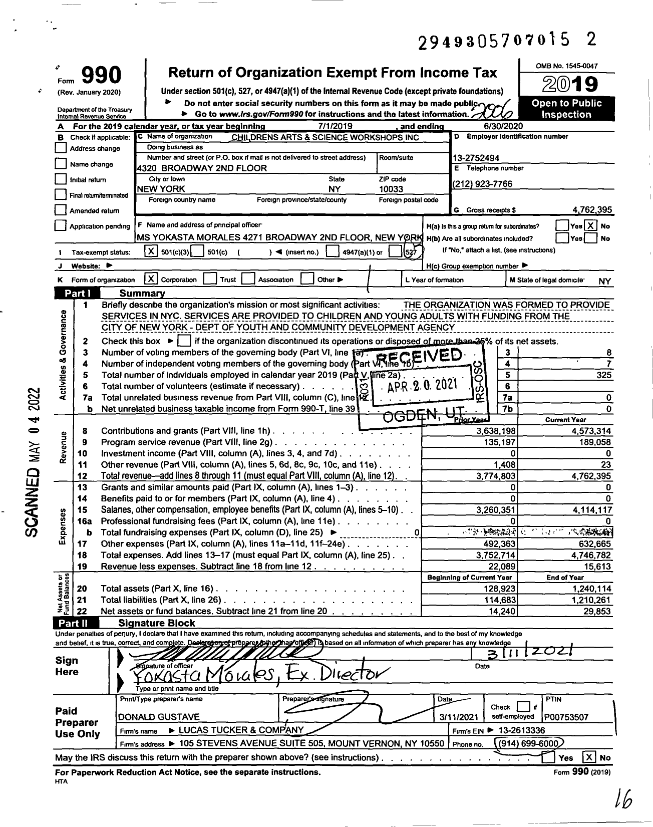 Image of first page of 2019 Form 990 for Children's Arts & Sciences Workshop (CASW)