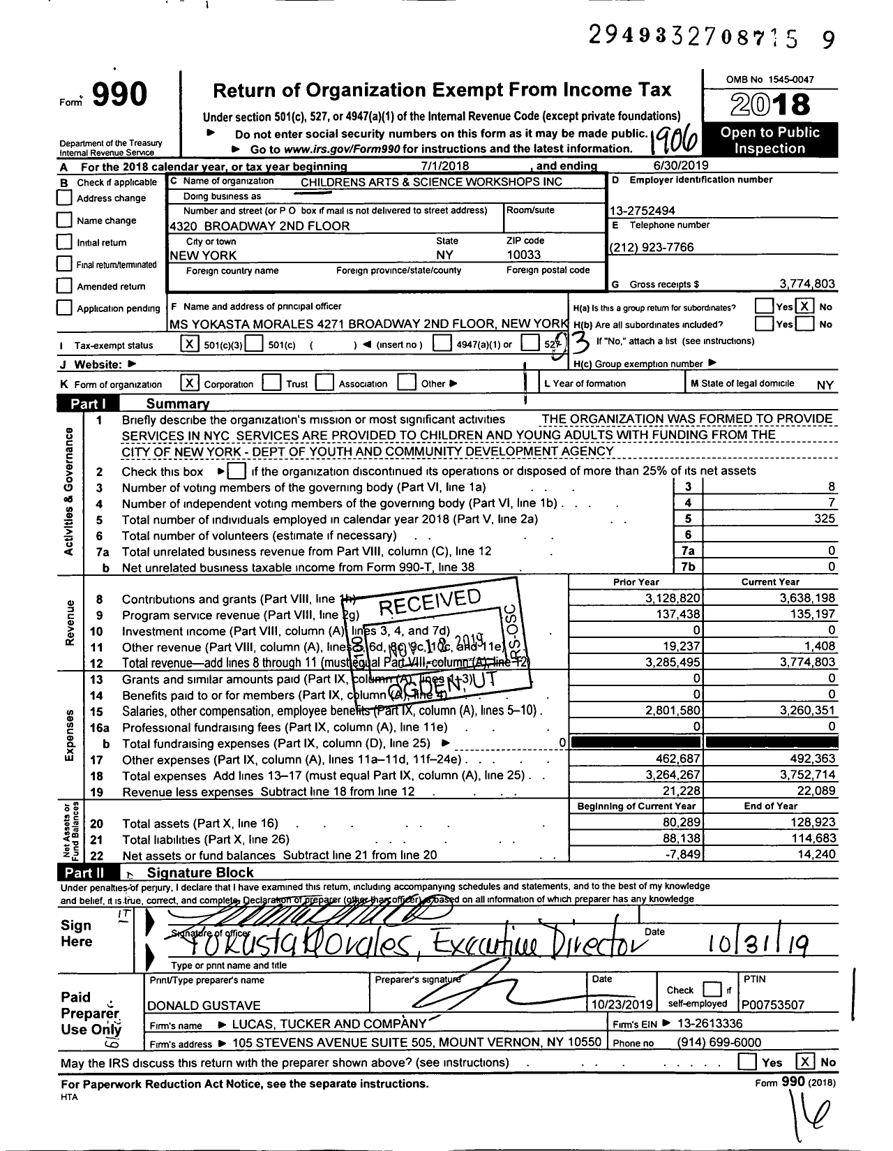 Image of first page of 2018 Form 990 for Children's Arts & Sciences Workshop (CASW)