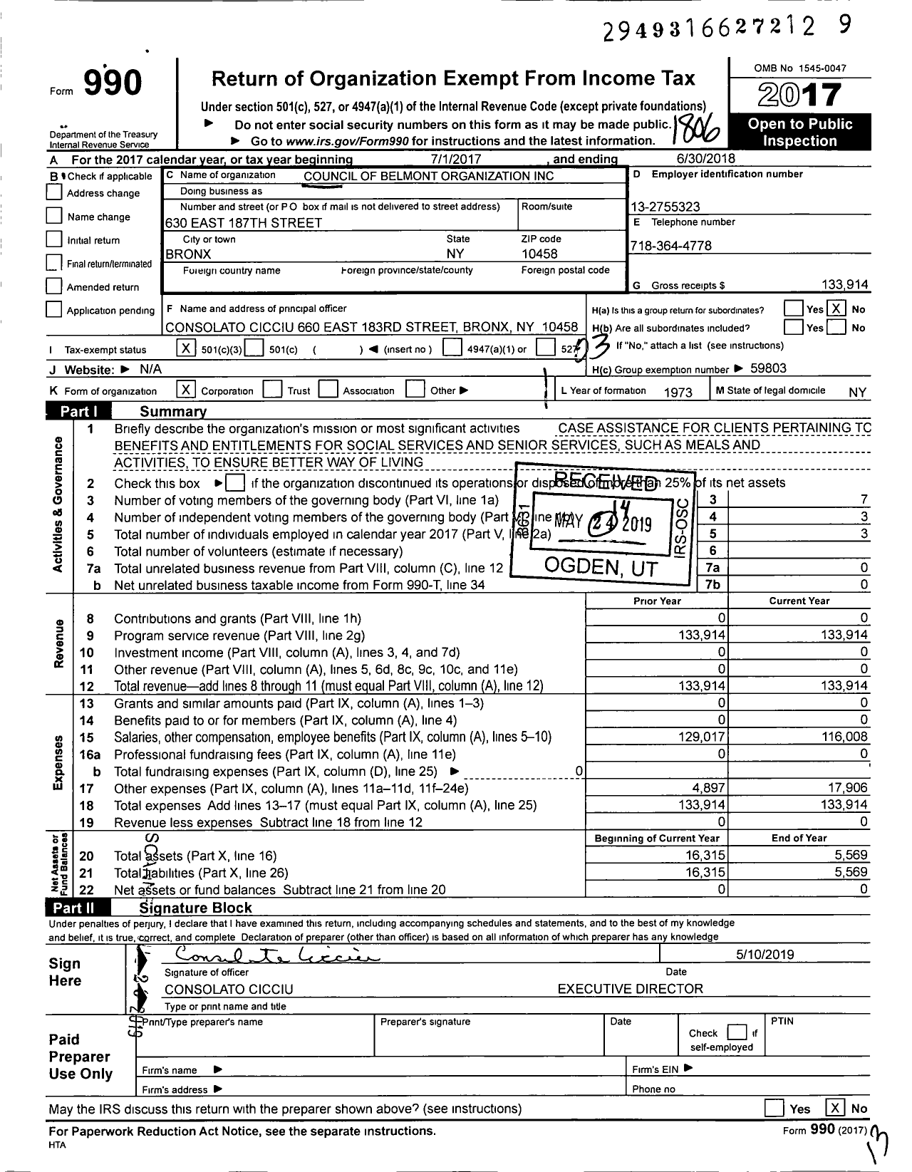 Image of first page of 2017 Form 990 for Council of Belmont Organization