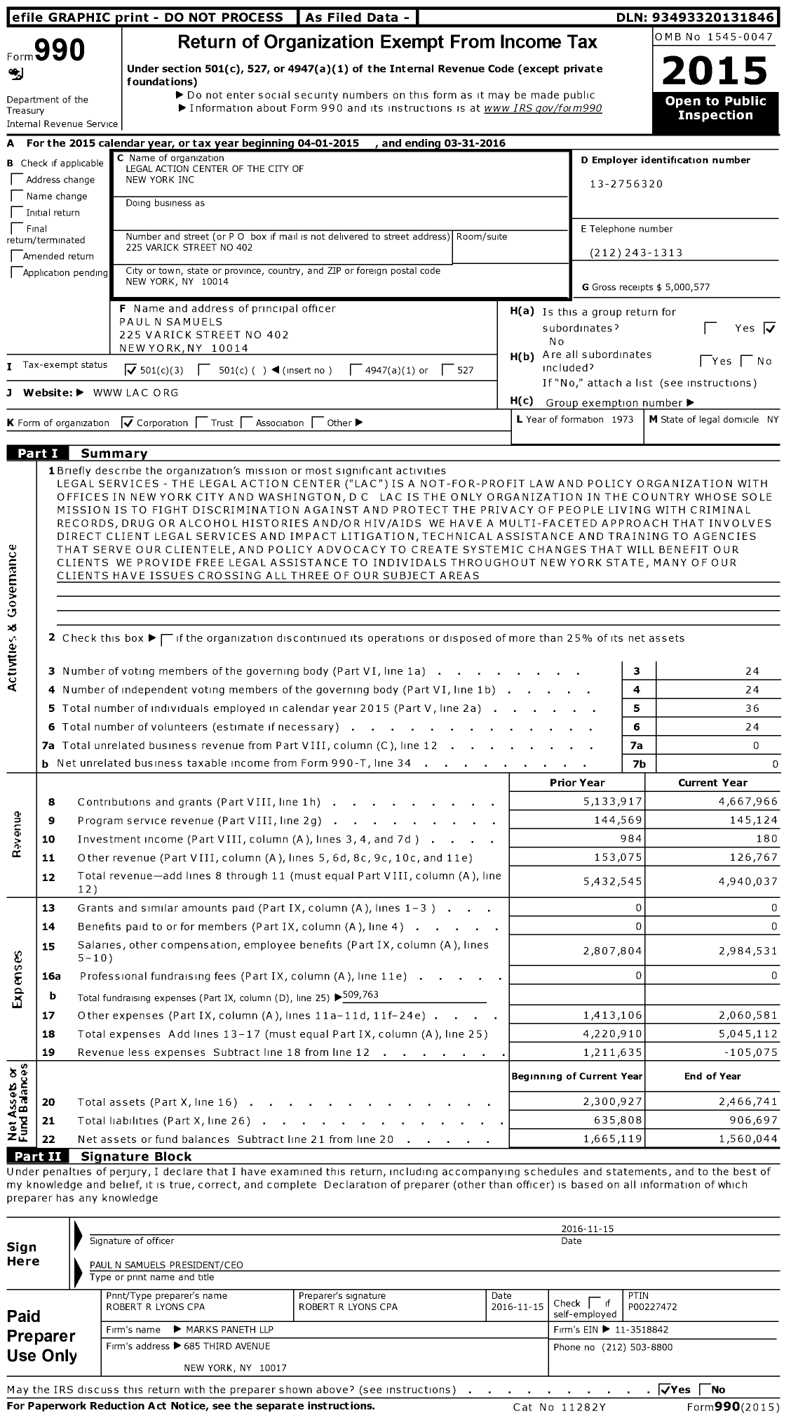 Image of first page of 2015 Form 990 for Legal Action Center of the City of New York