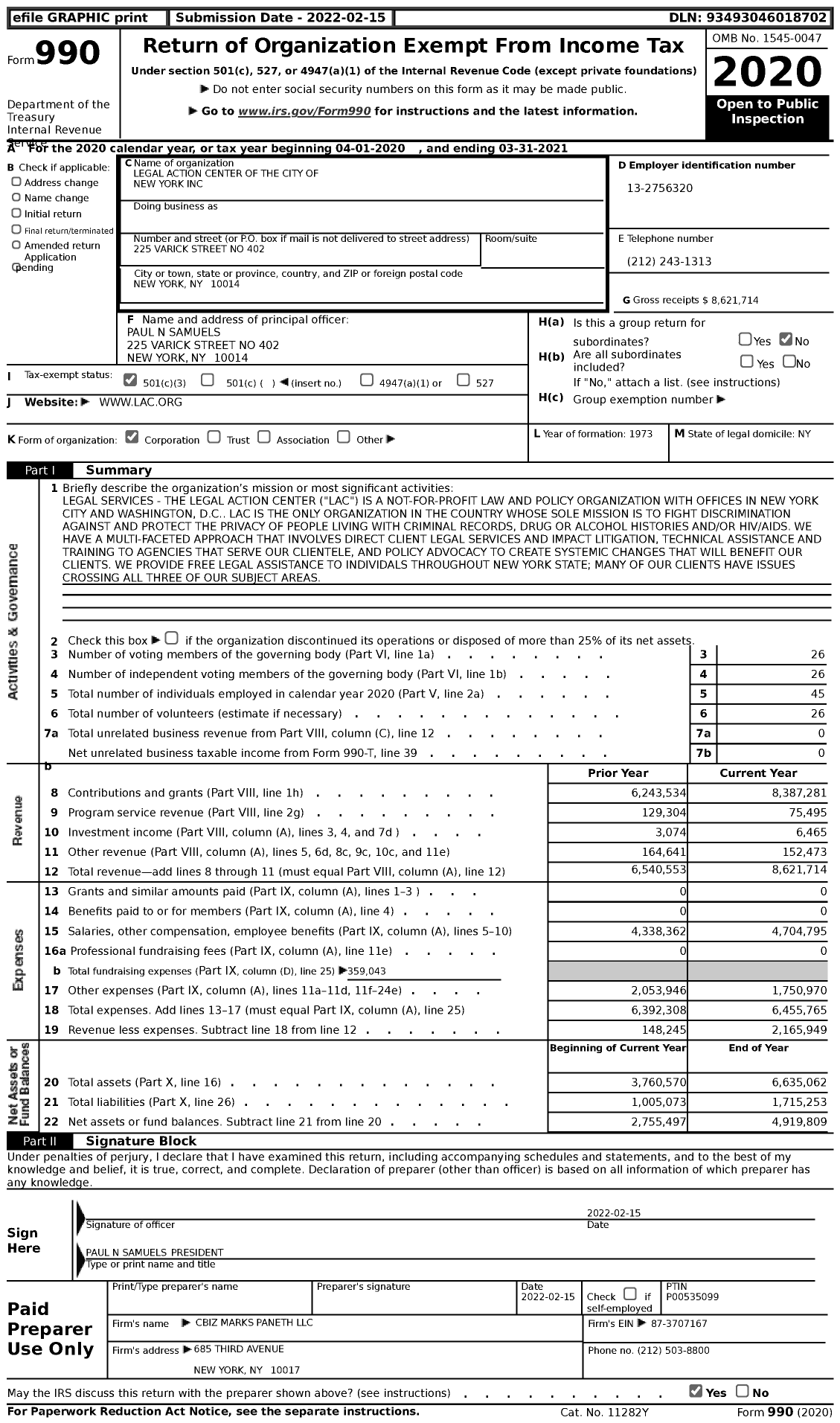 Image of first page of 2020 Form 990 for Legal Action Center of the City of New York