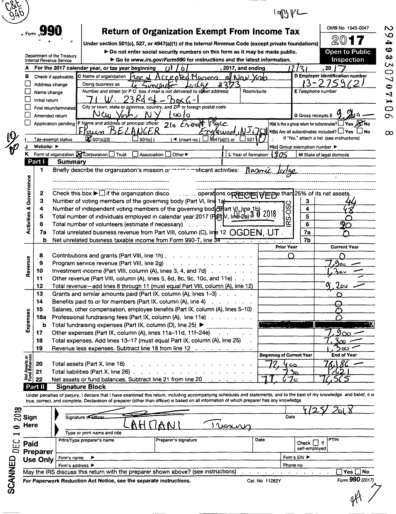 Image of first page of 2017 Form 990O for Free and Accepted Masons of New York - 373 La Sincerite