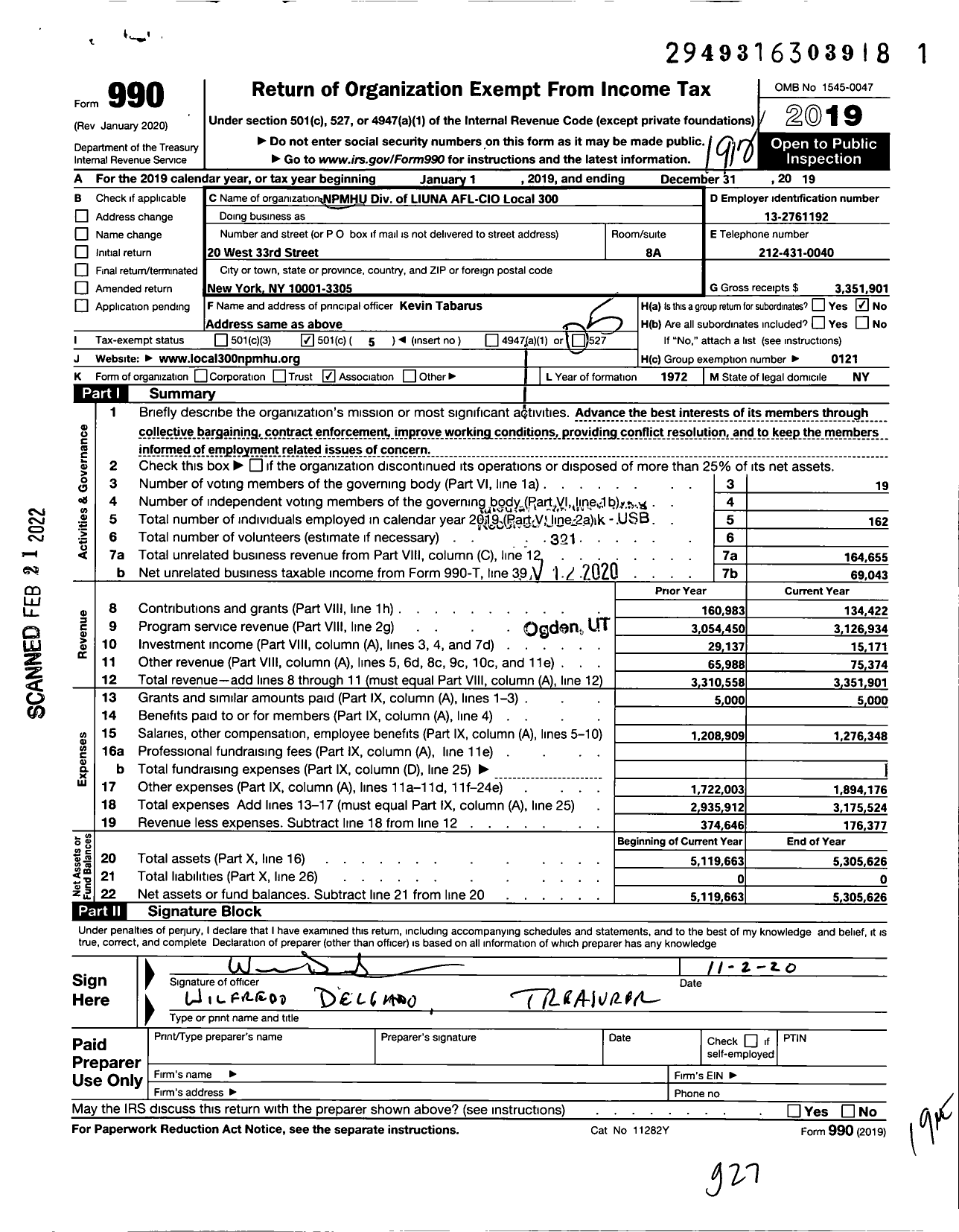 Image of first page of 2019 Form 990O for NPMHU Division of LIUNA AFL-CIO Local 300