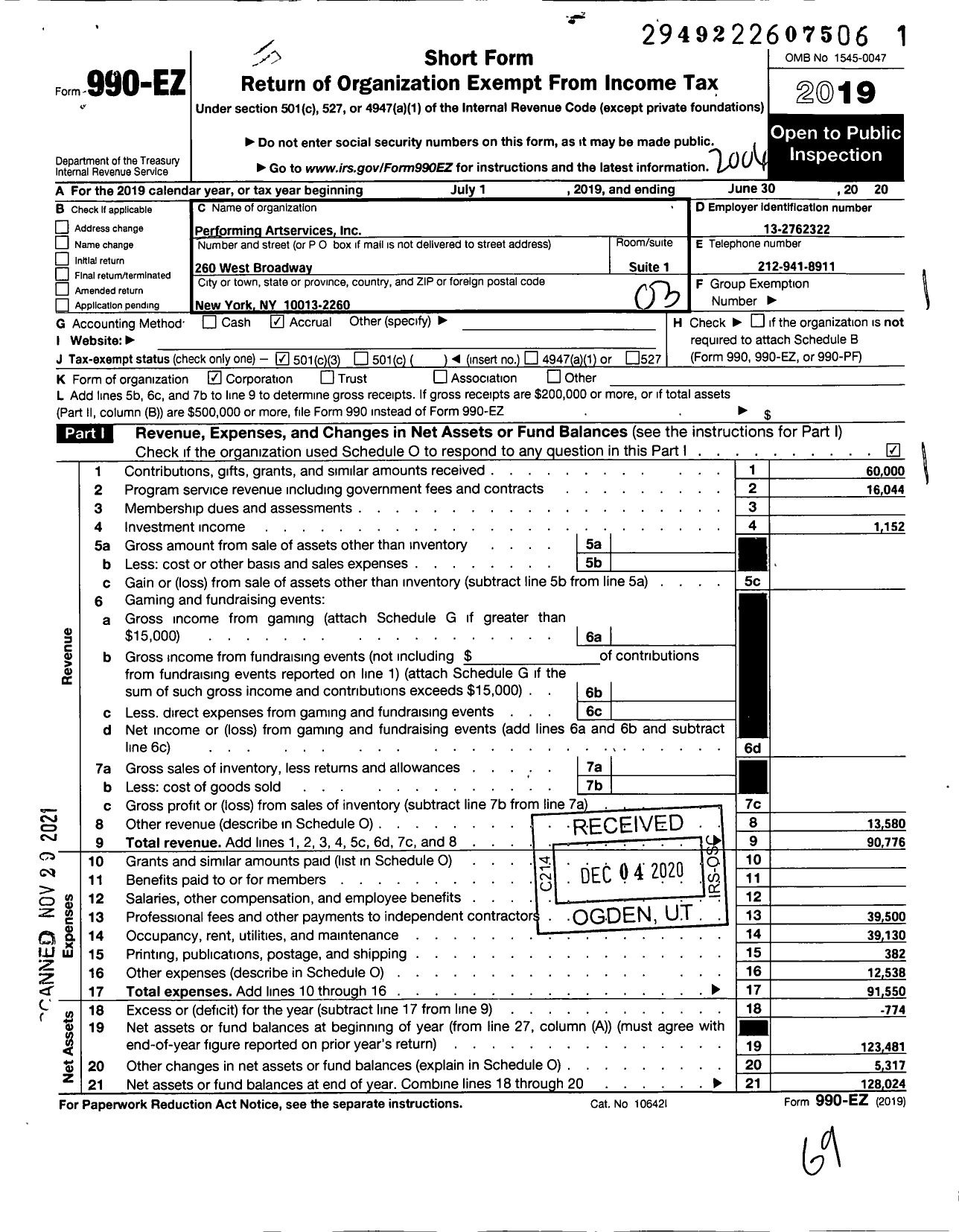 Image of first page of 2019 Form 990EZ for Performing Artservices