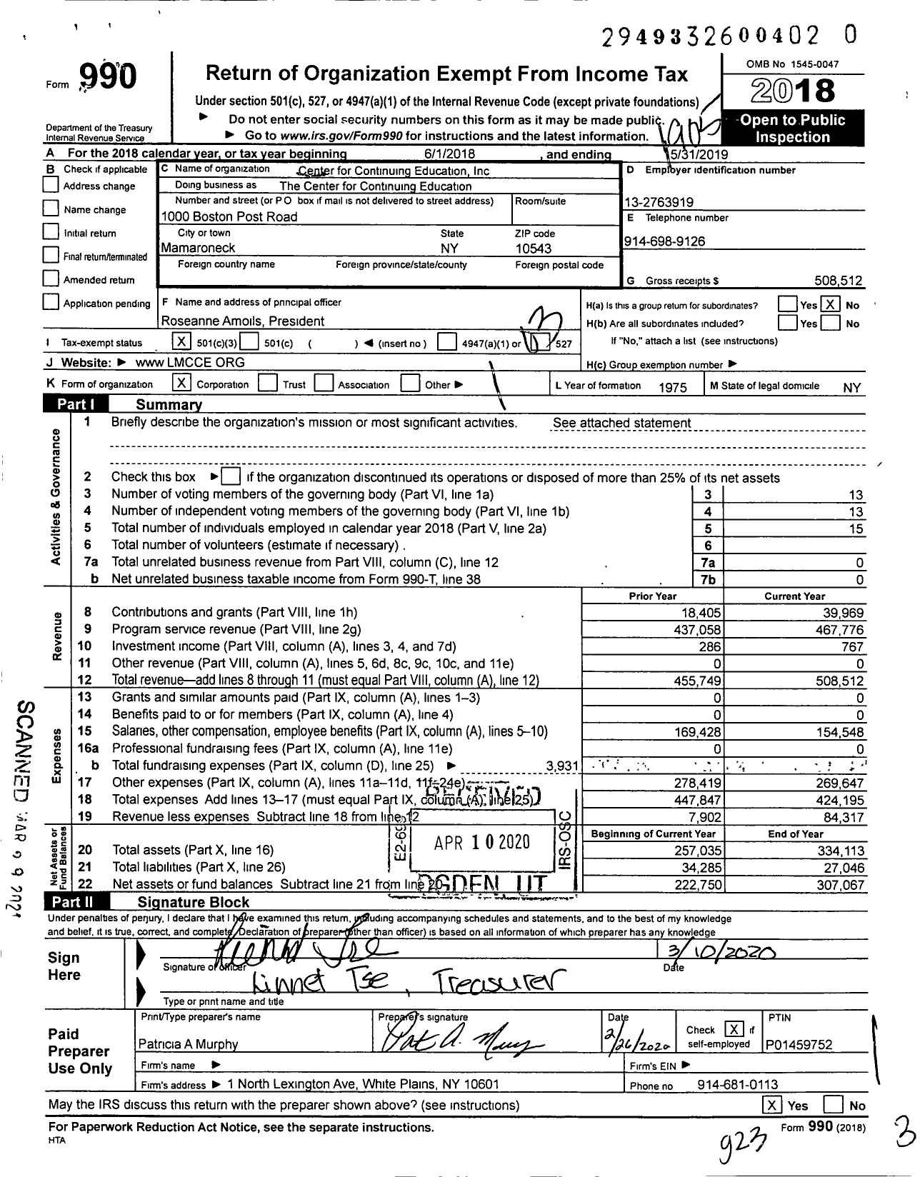 Image of first page of 2018 Form 990 for The Center for Continuing Education