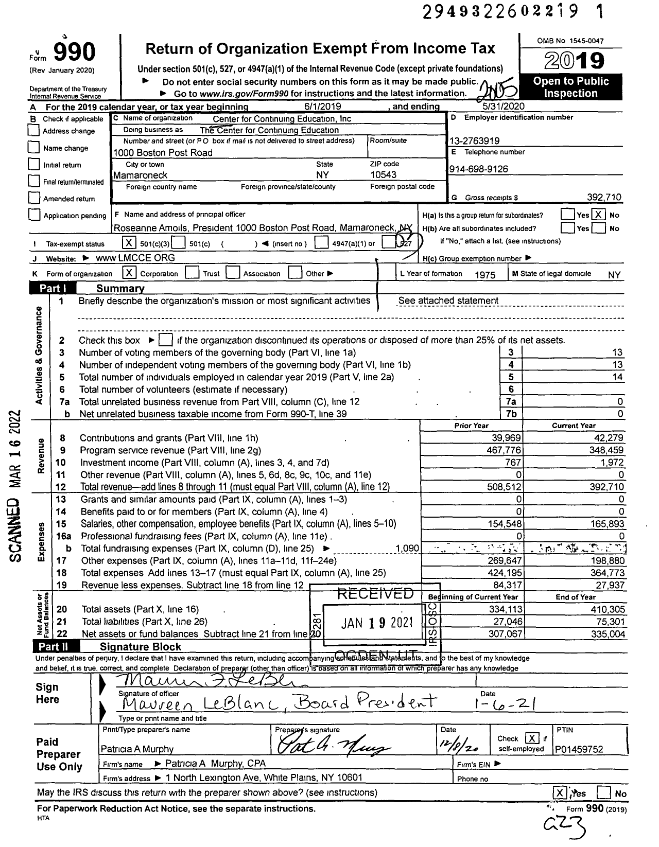Image of first page of 2019 Form 990 for The Center for Continuing Education