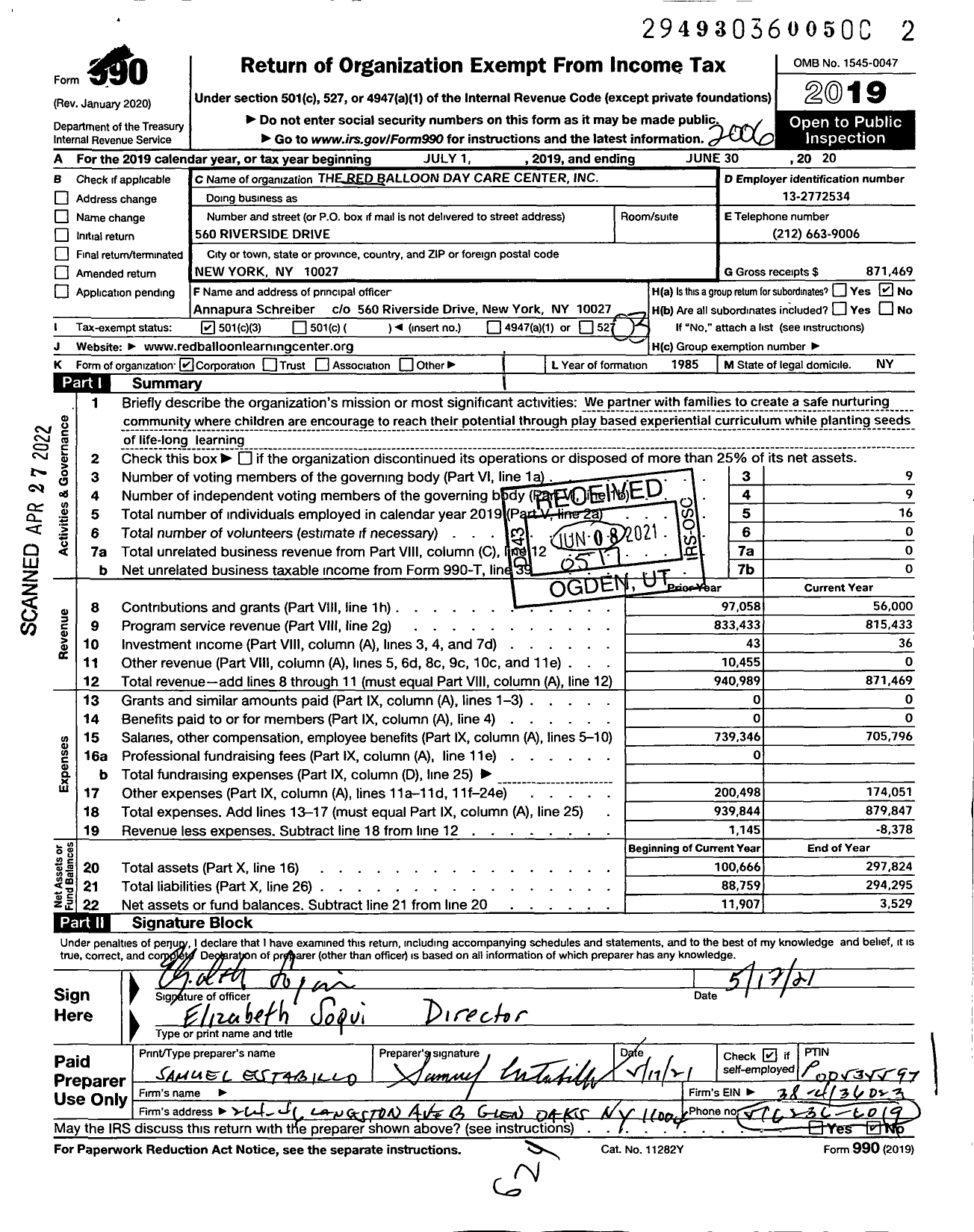 Image of first page of 2019 Form 990 for The Red Balloon Day Care Center