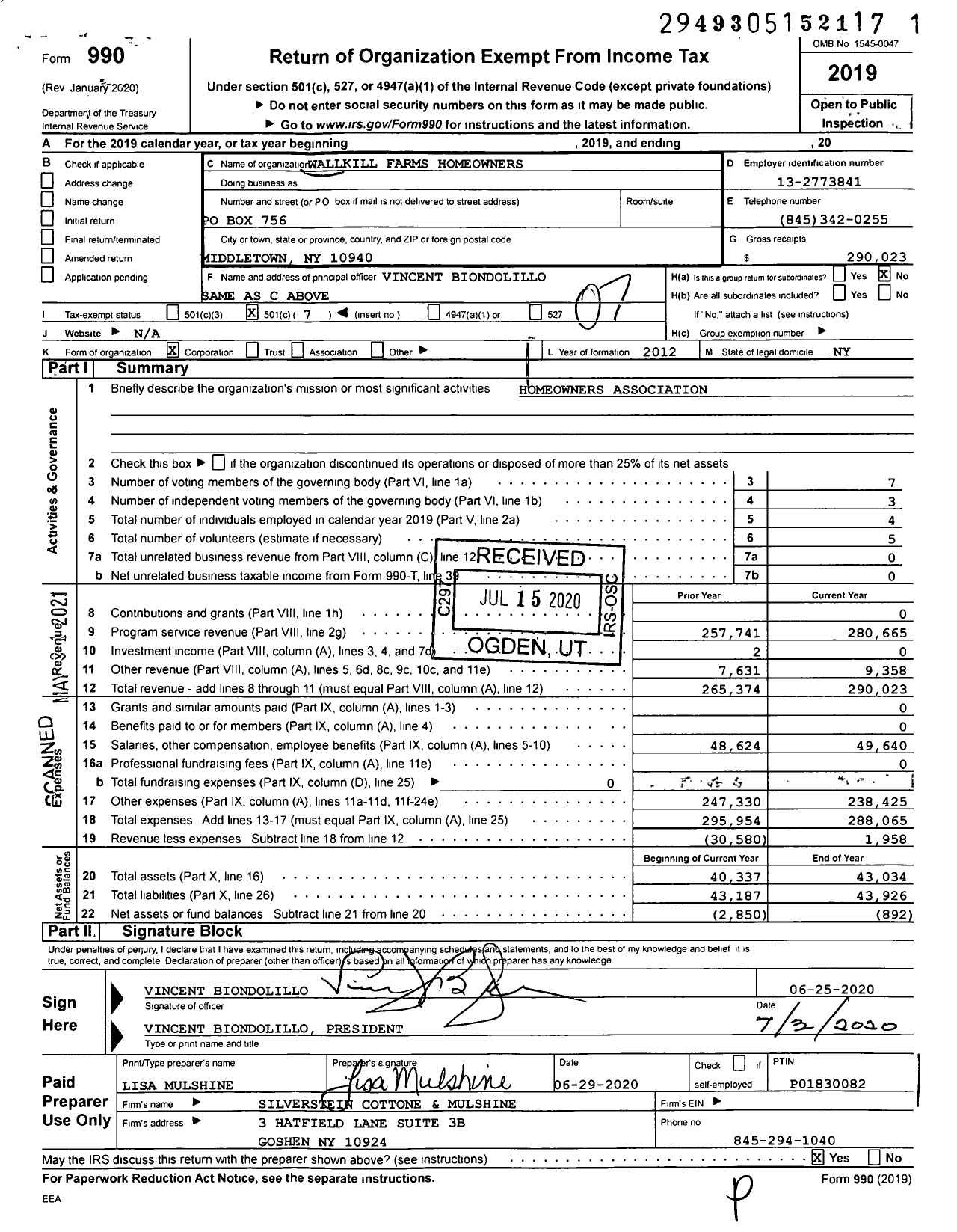 Image of first page of 2019 Form 990O for Wallkill Farms Homeowners