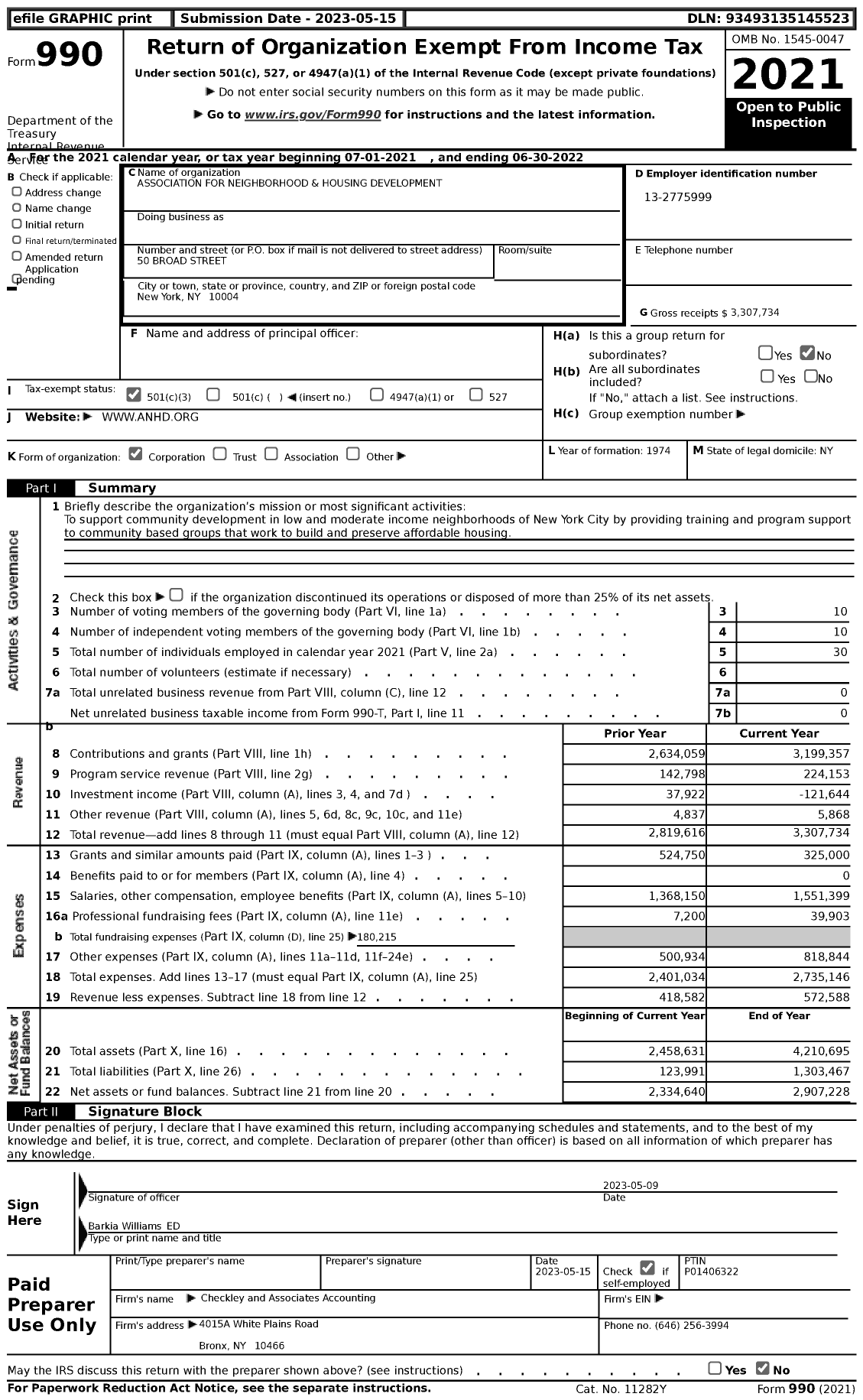 Image of first page of 2021 Form 990 for Association for Neighborhood and Housing Development