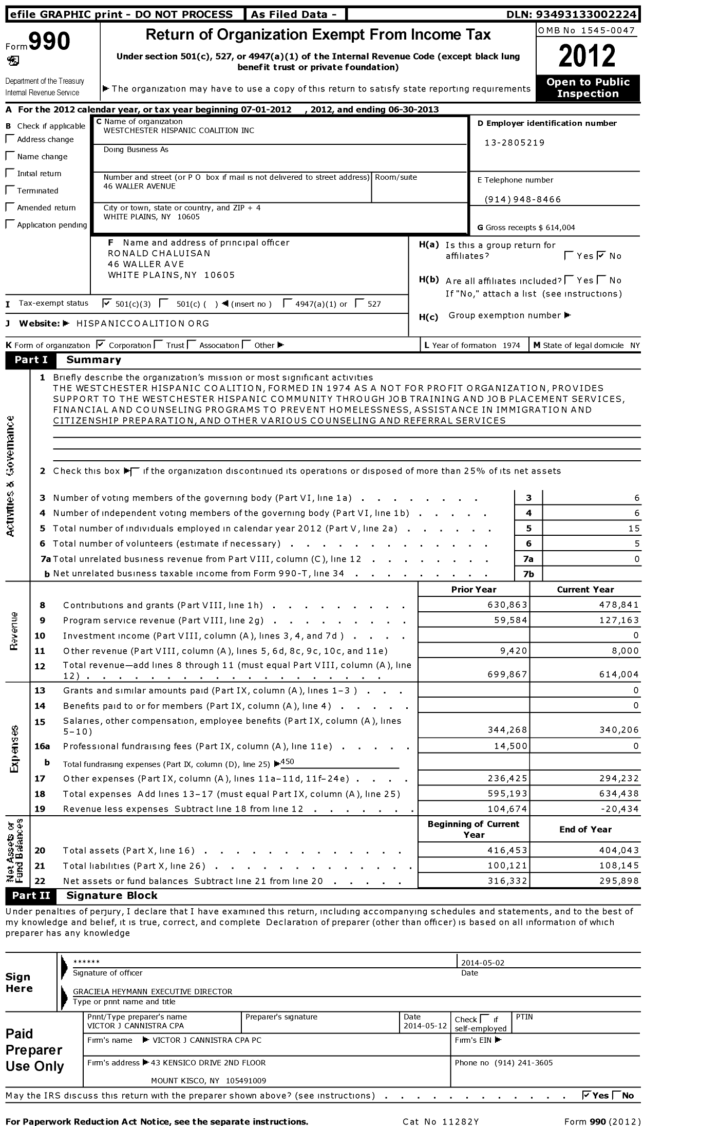 Image of first page of 2012 Form 990 for Westchester Hispanic Coalition