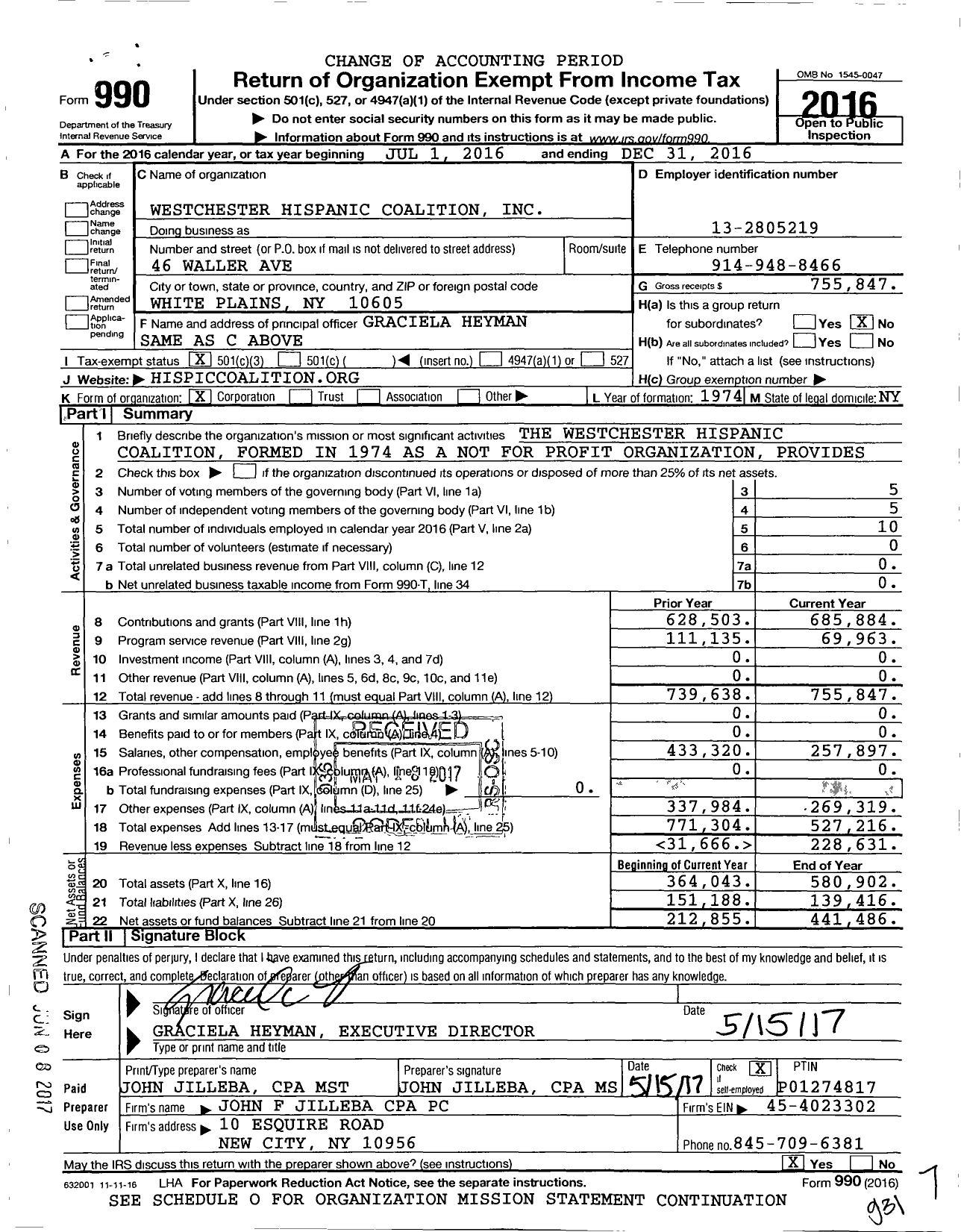 Image of first page of 2016 Form 990 for Westchester Hispanic Coalition