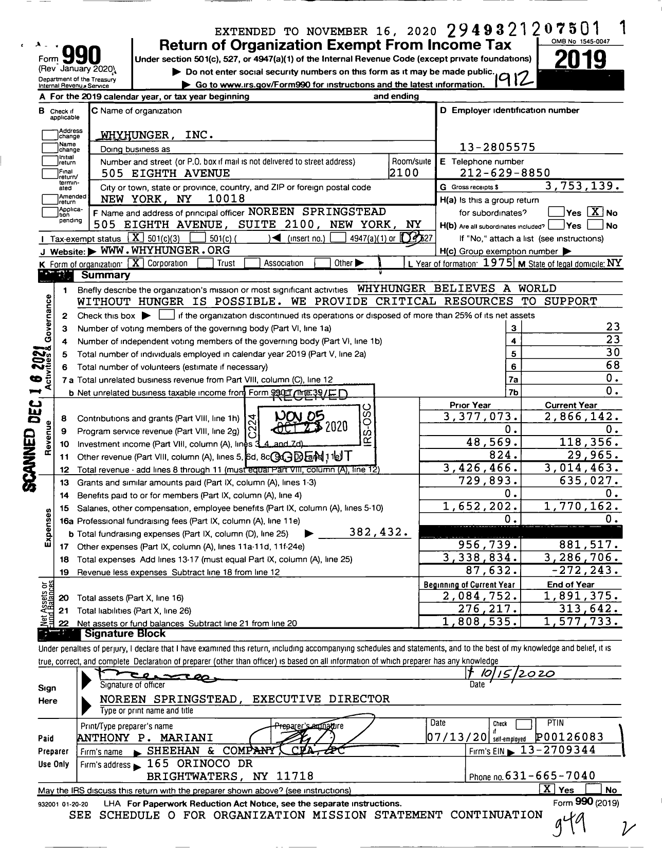 Image of first page of 2019 Form 990 for WhyHunger