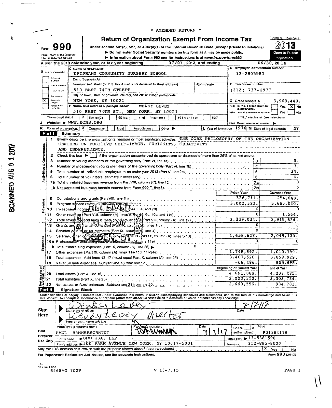 Image of first page of 2013 Form 990 for Epiphany Community Nursery School (ECNS)