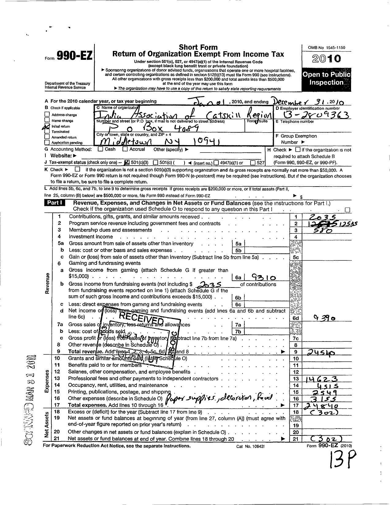 Image of first page of 2010 Form 990EZ for India Association of Catskill Region