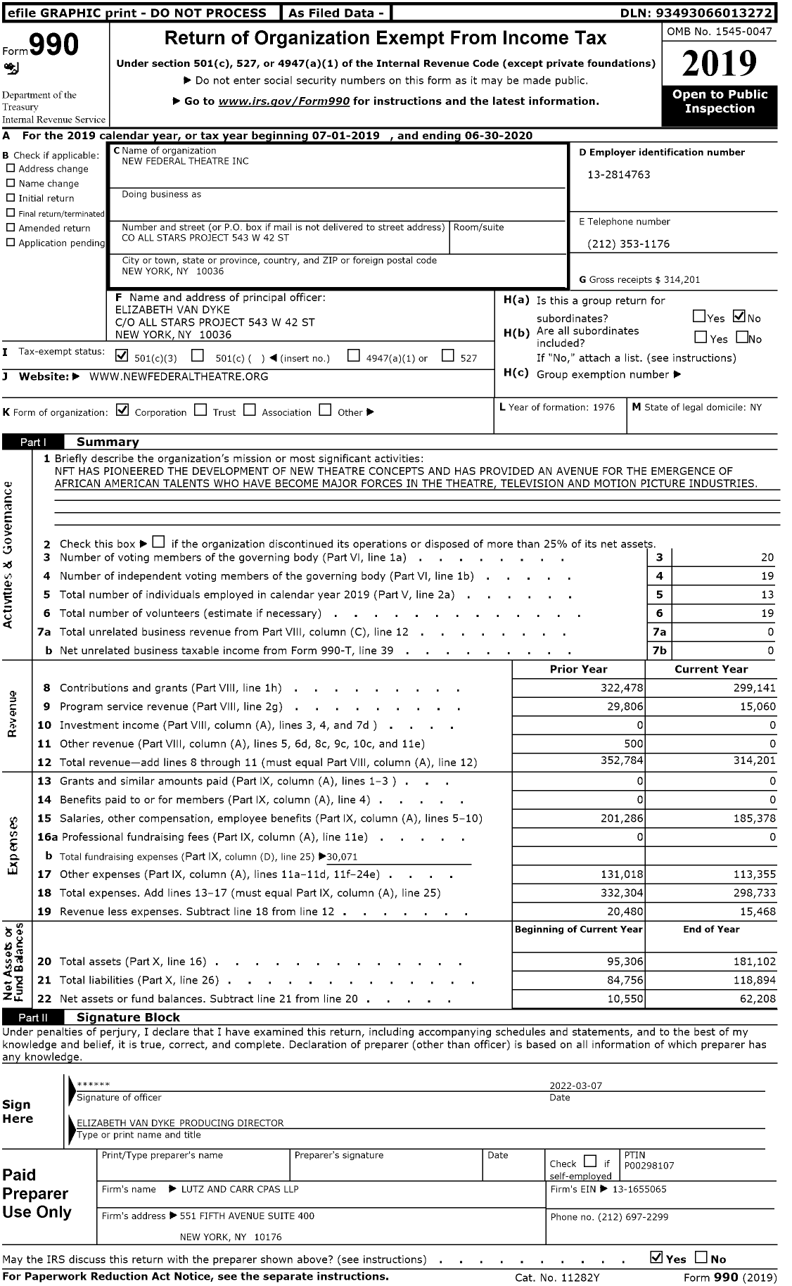 Image of first page of 2019 Form 990 for New Federal Theatre (NFT)