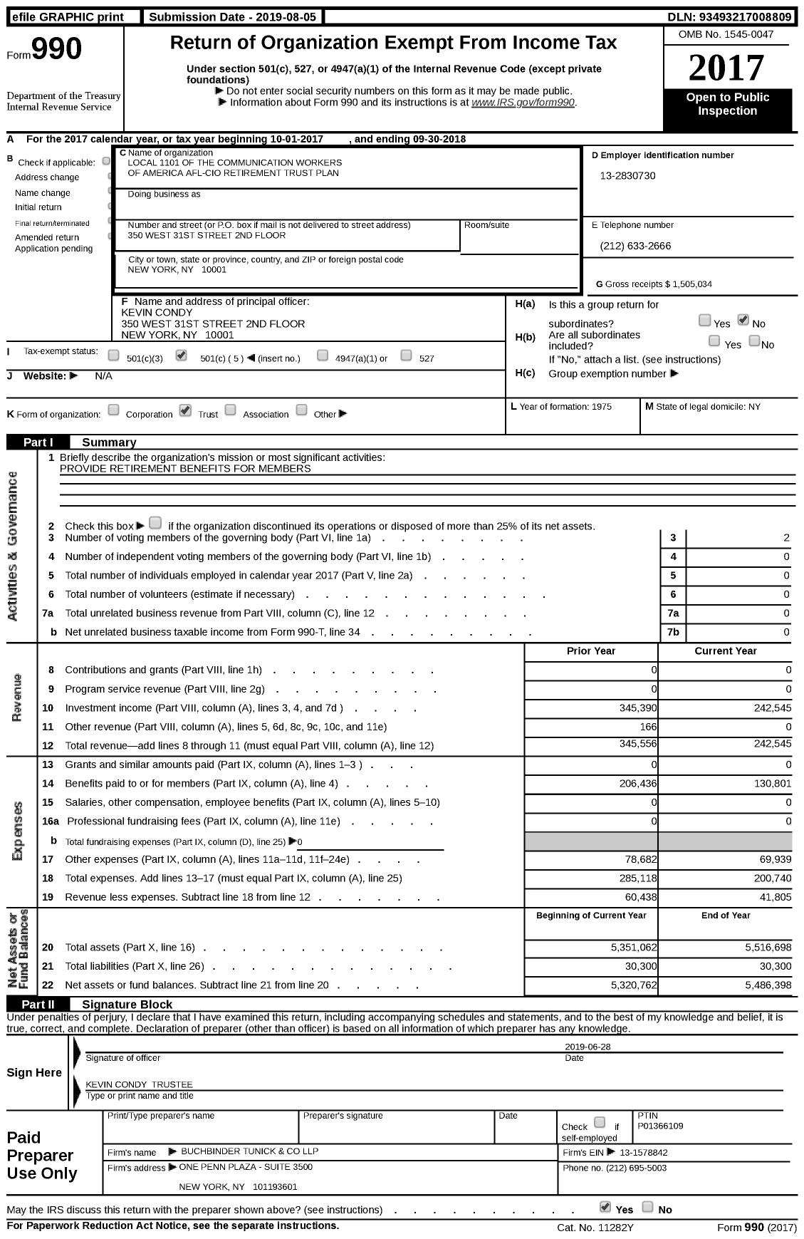 Image of first page of 2017 Form 990 for Local 1101 of the Communications Workers of America AFL-CIO Retirement Trust