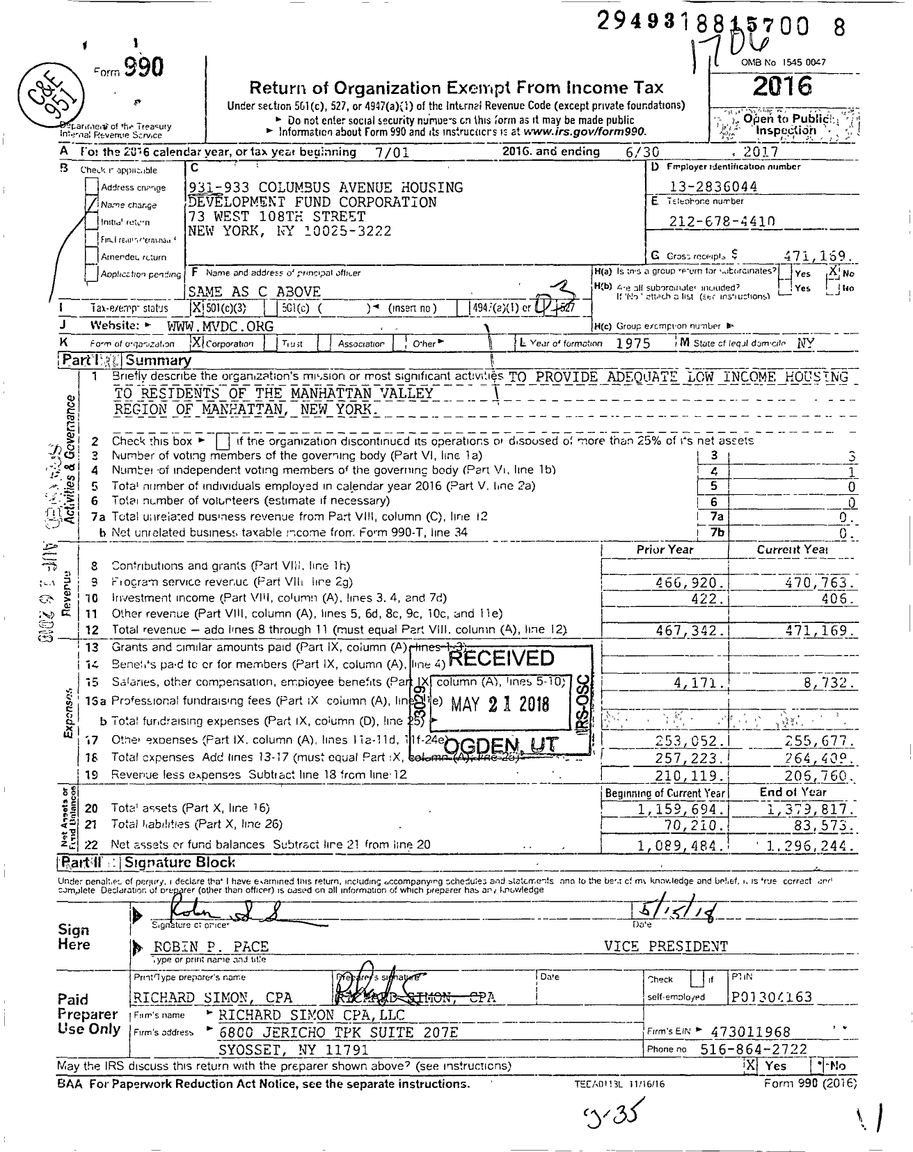 Image of first page of 2016 Form 990 for 931-933 Columbus Avenue Housing Development Fund Corporation