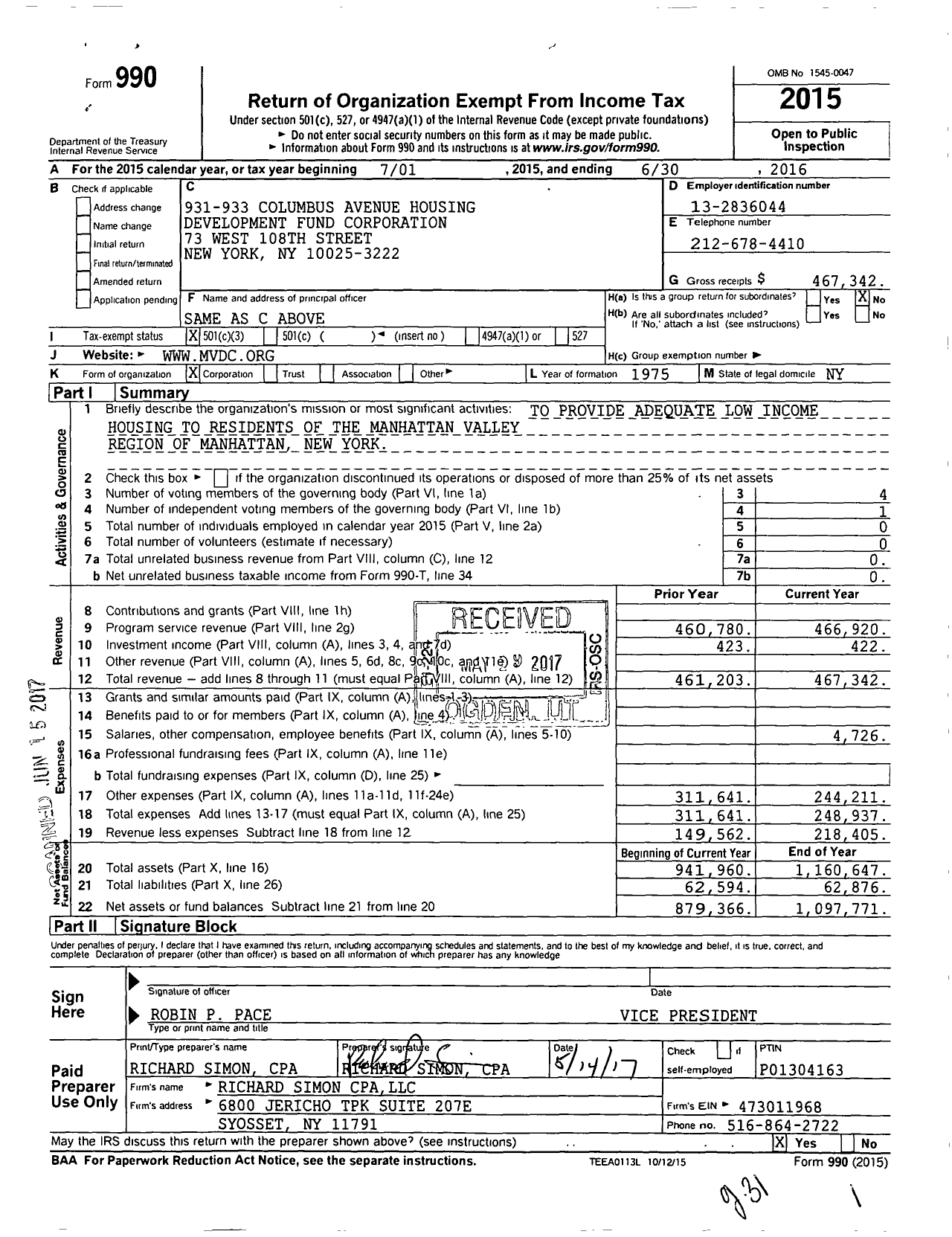 Image of first page of 2015 Form 990 for 931-933 Columbus Avenue Housing Development Fund Corporation