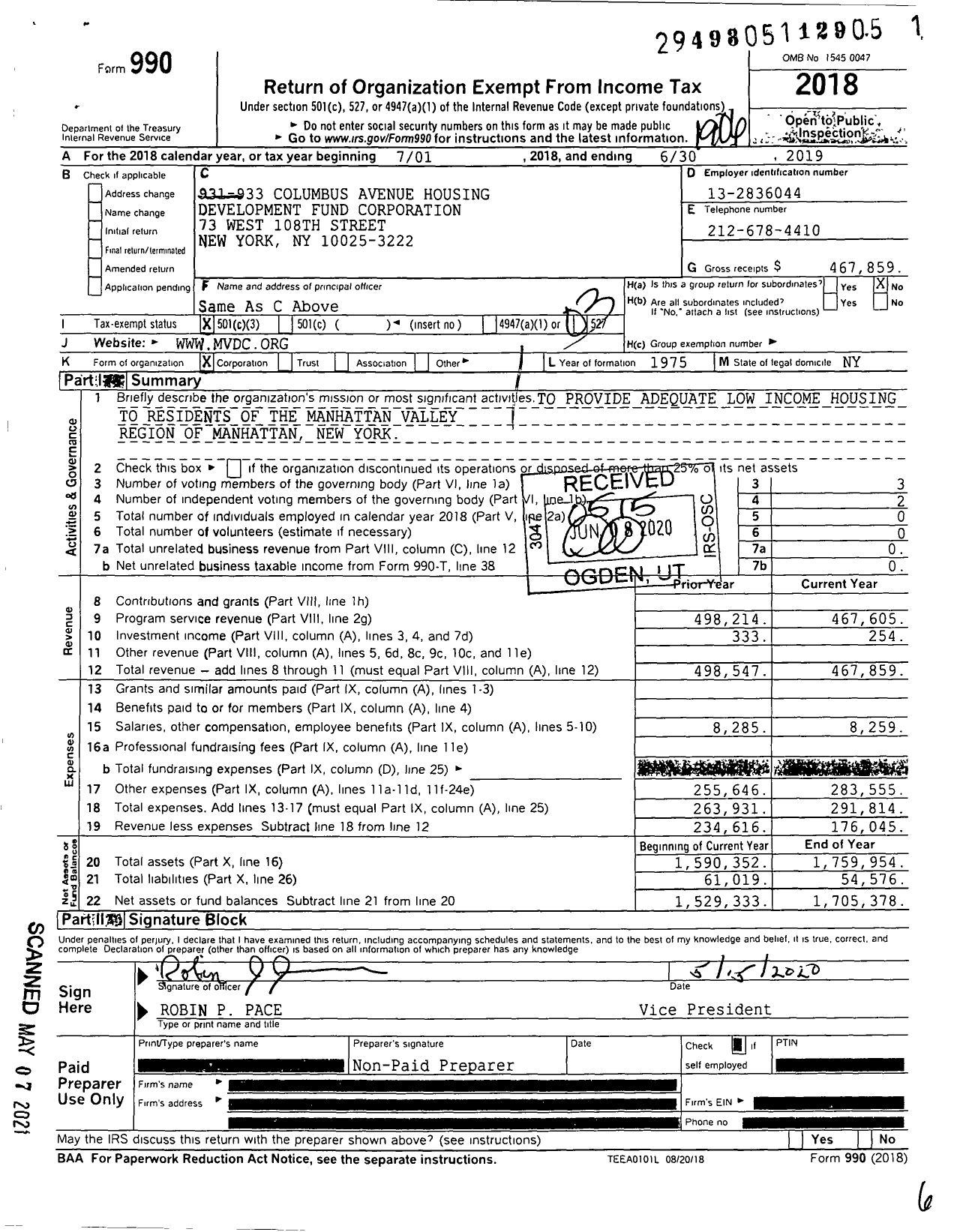 Image of first page of 2018 Form 990 for 931-933 Columbus Avenue Housing Development Fund Corporation
