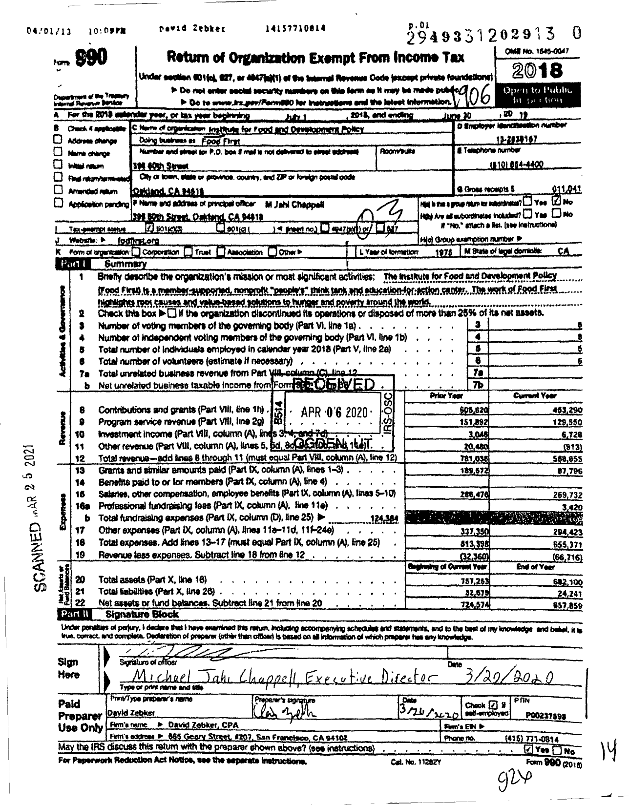 Image of first page of 2018 Form 990 for Institute For Food And Development Policy