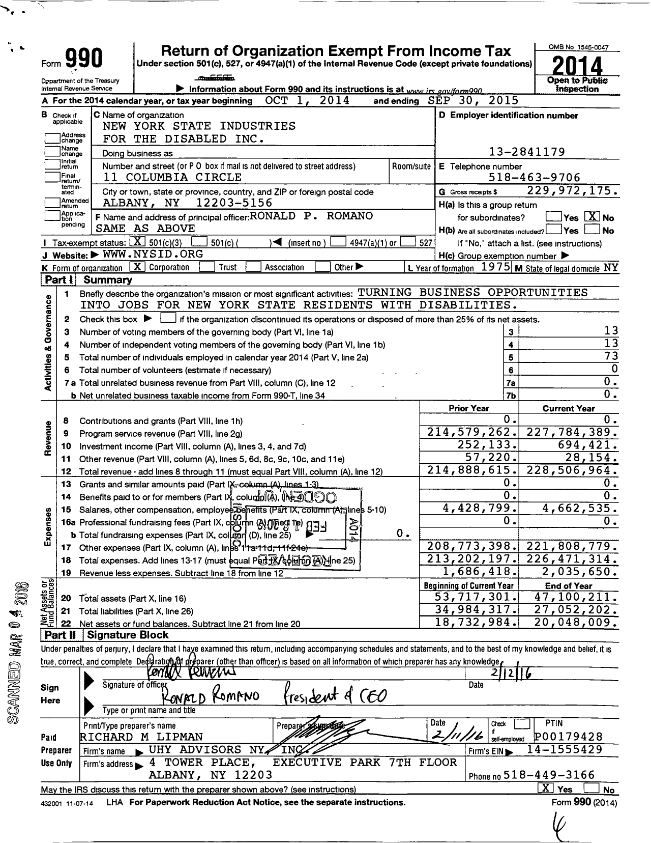Image of first page of 2014 Form 990 for New York State Industries for the Disabled (NYSID)