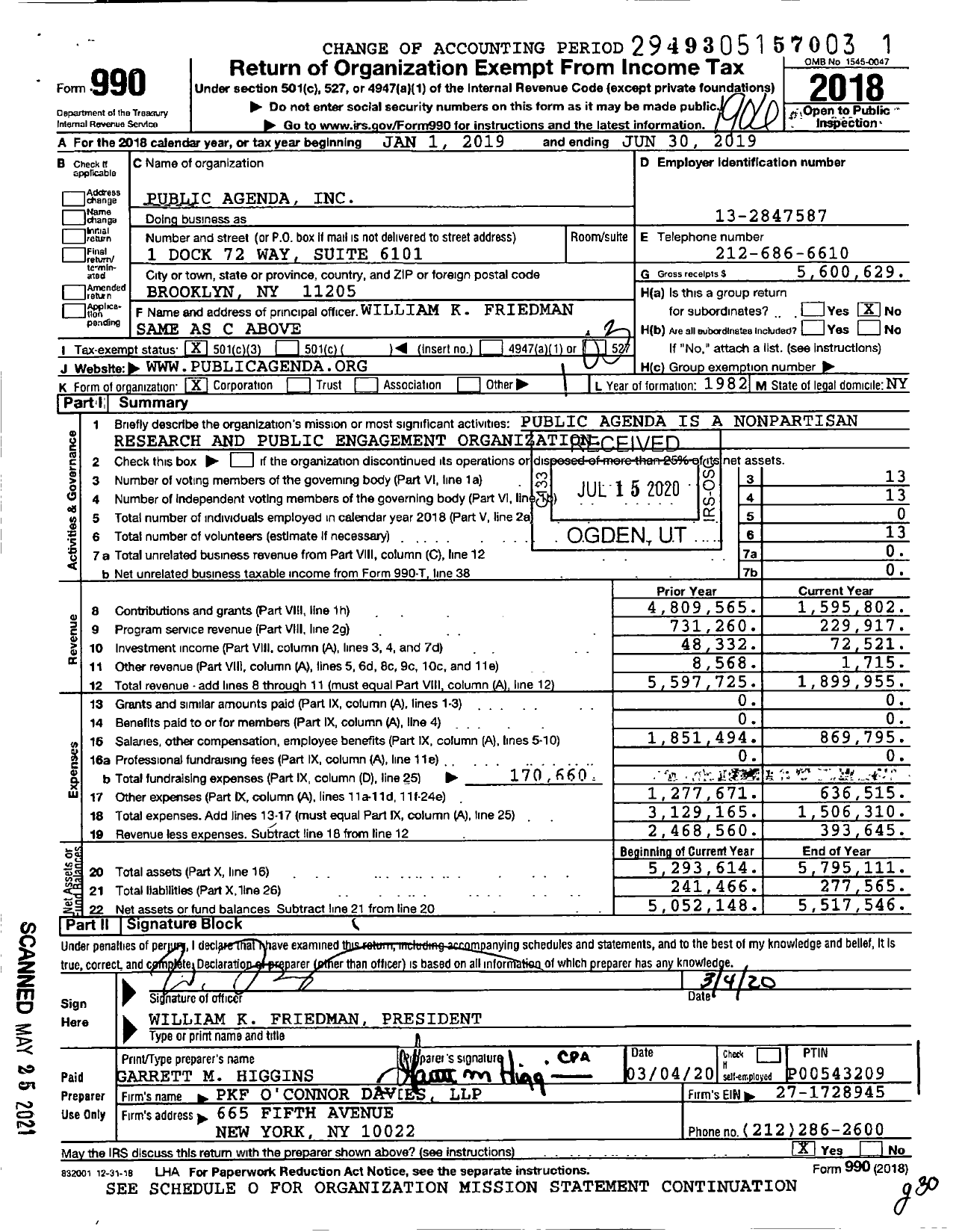 Image of first page of 2018 Form 990 for Public Agenda