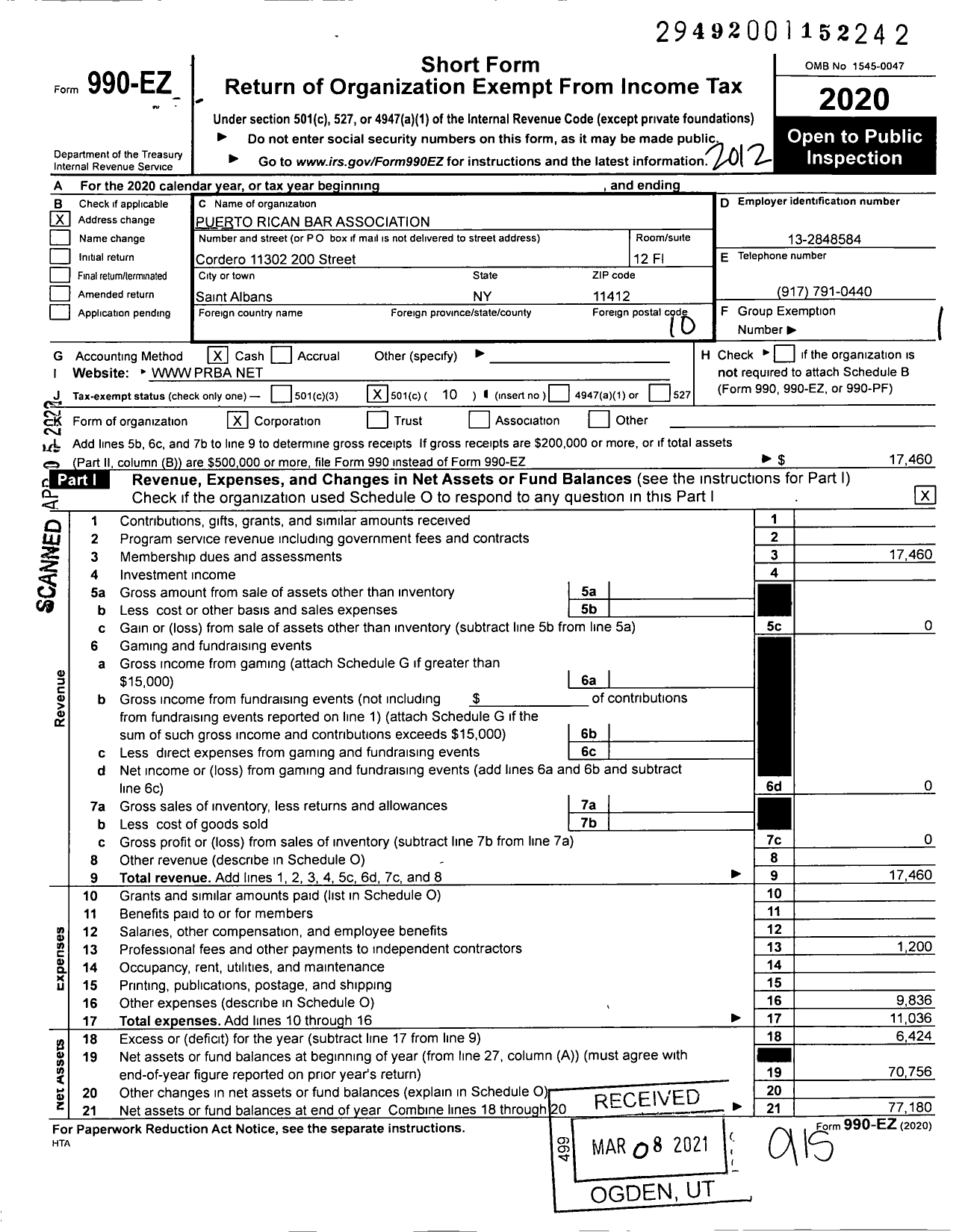 Image of first page of 2020 Form 990EO for Puerto Rican Bar Association