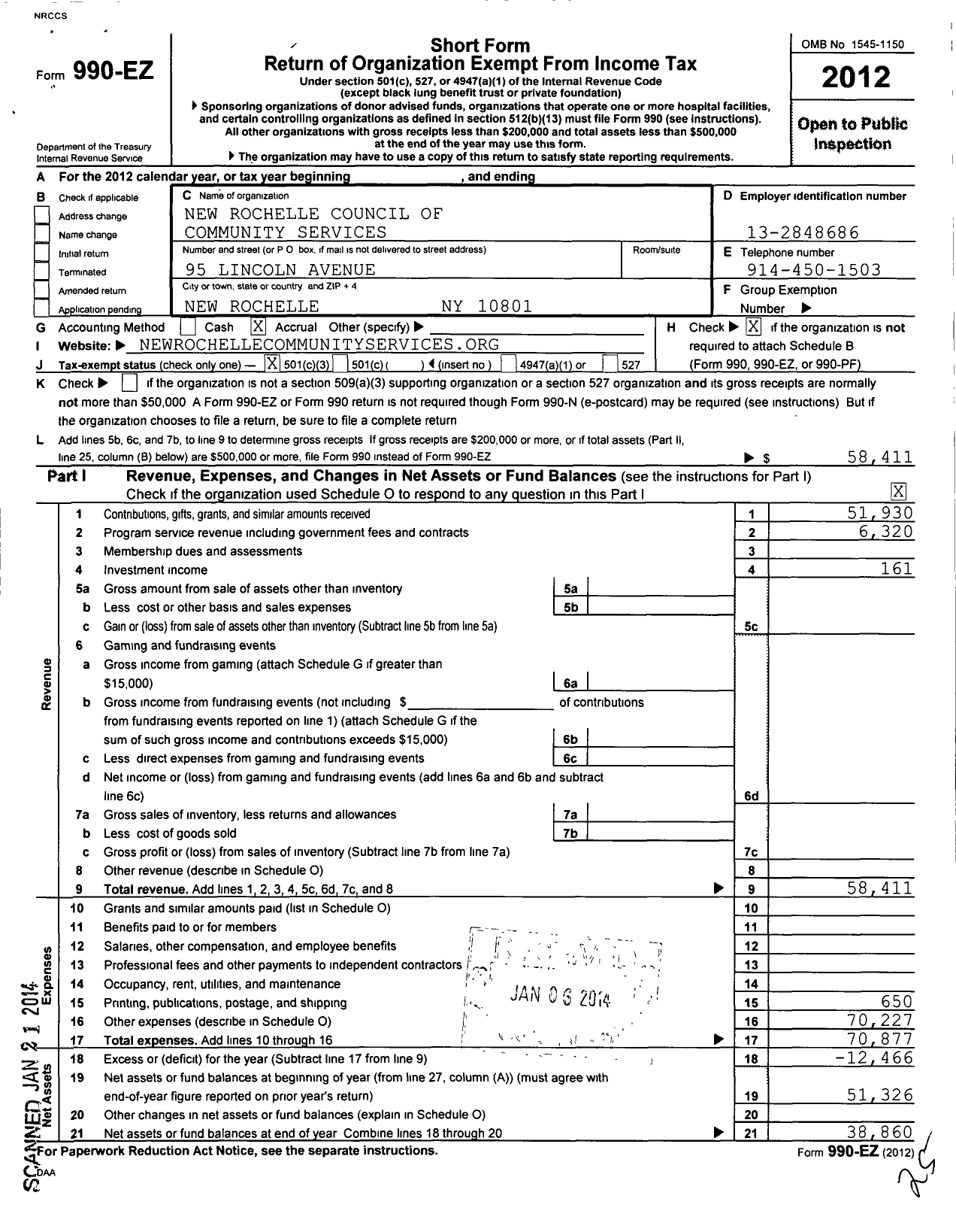 Image of first page of 2012 Form 990EZ for New Rochelle Council of Community Services