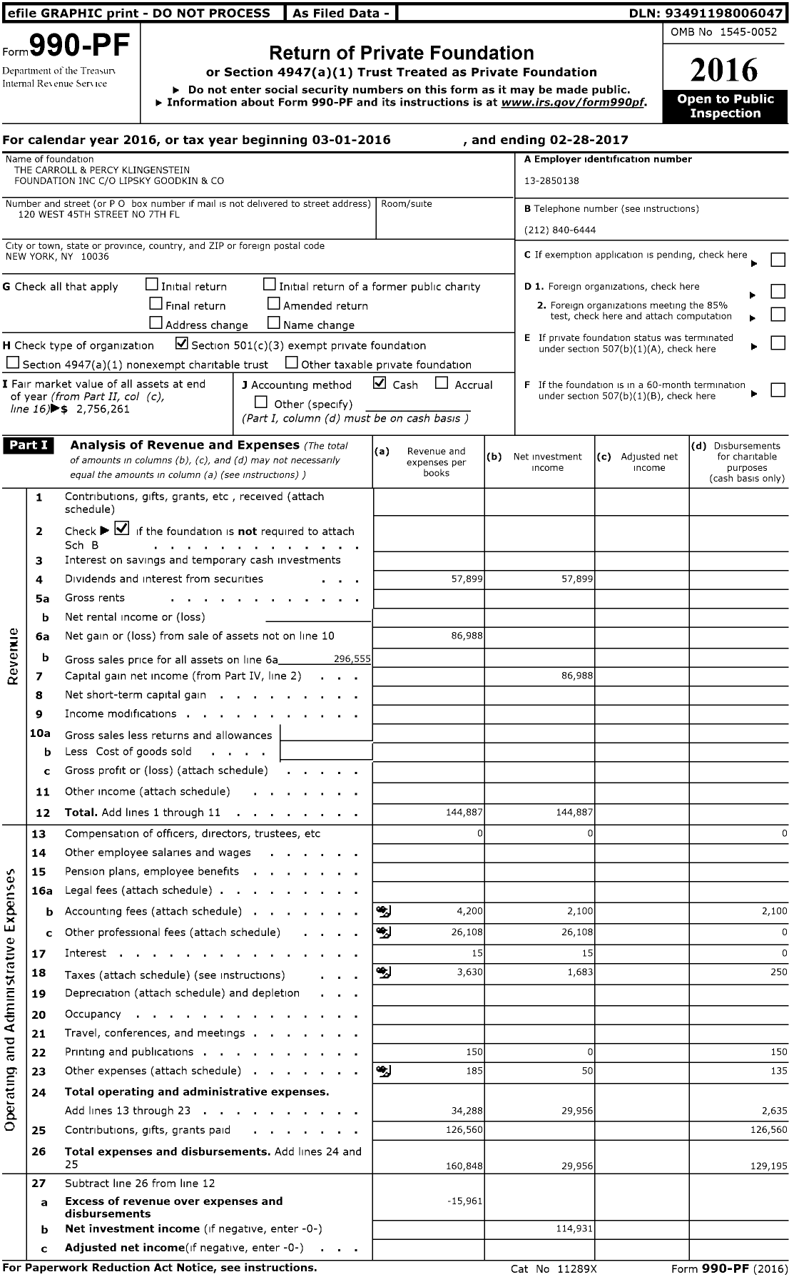 Image of first page of 2016 Form 990PF for The Carroll and Percy Klingenstein Foundation