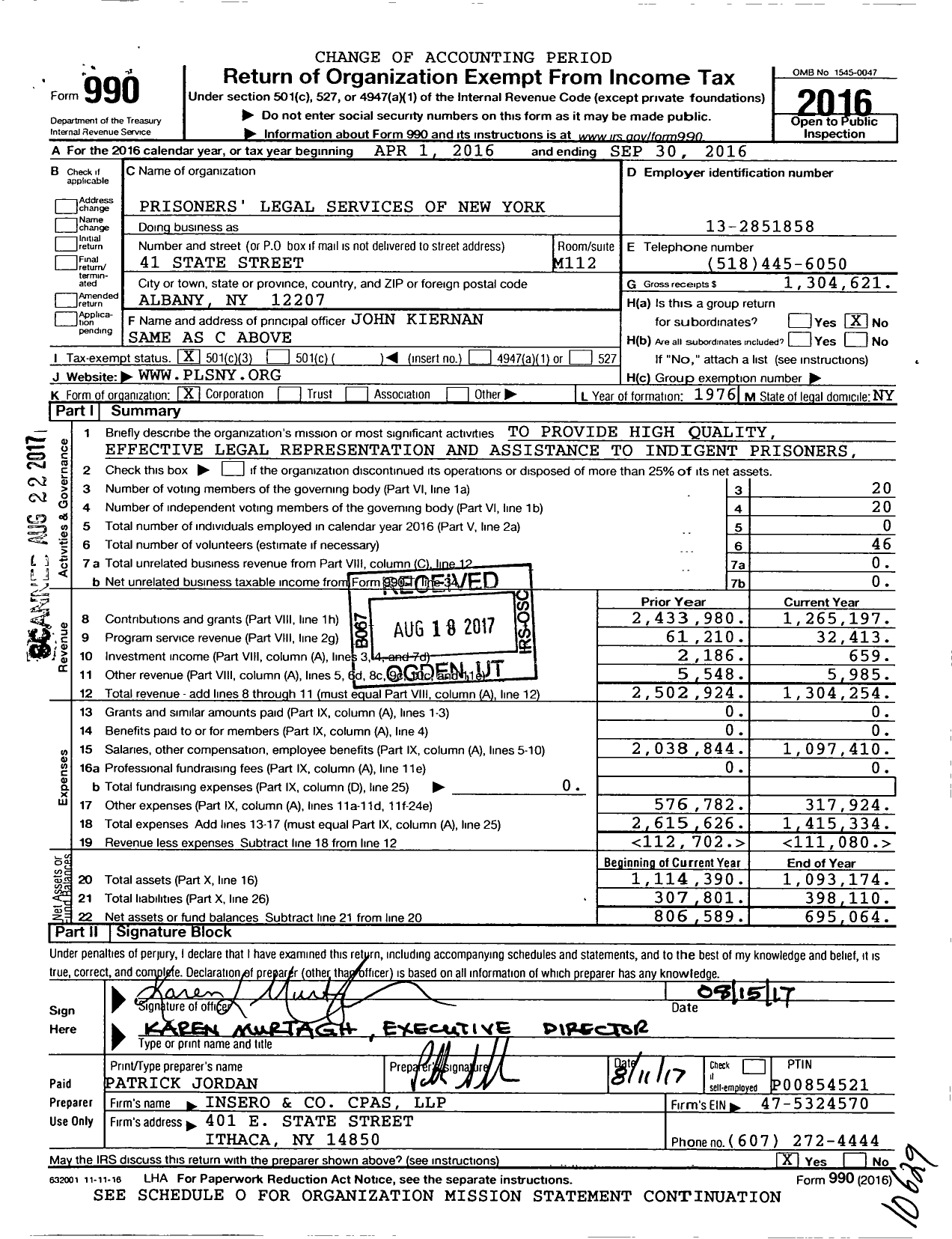 Image of first page of 2015 Form 990 for Prisoners Legal Services of New York