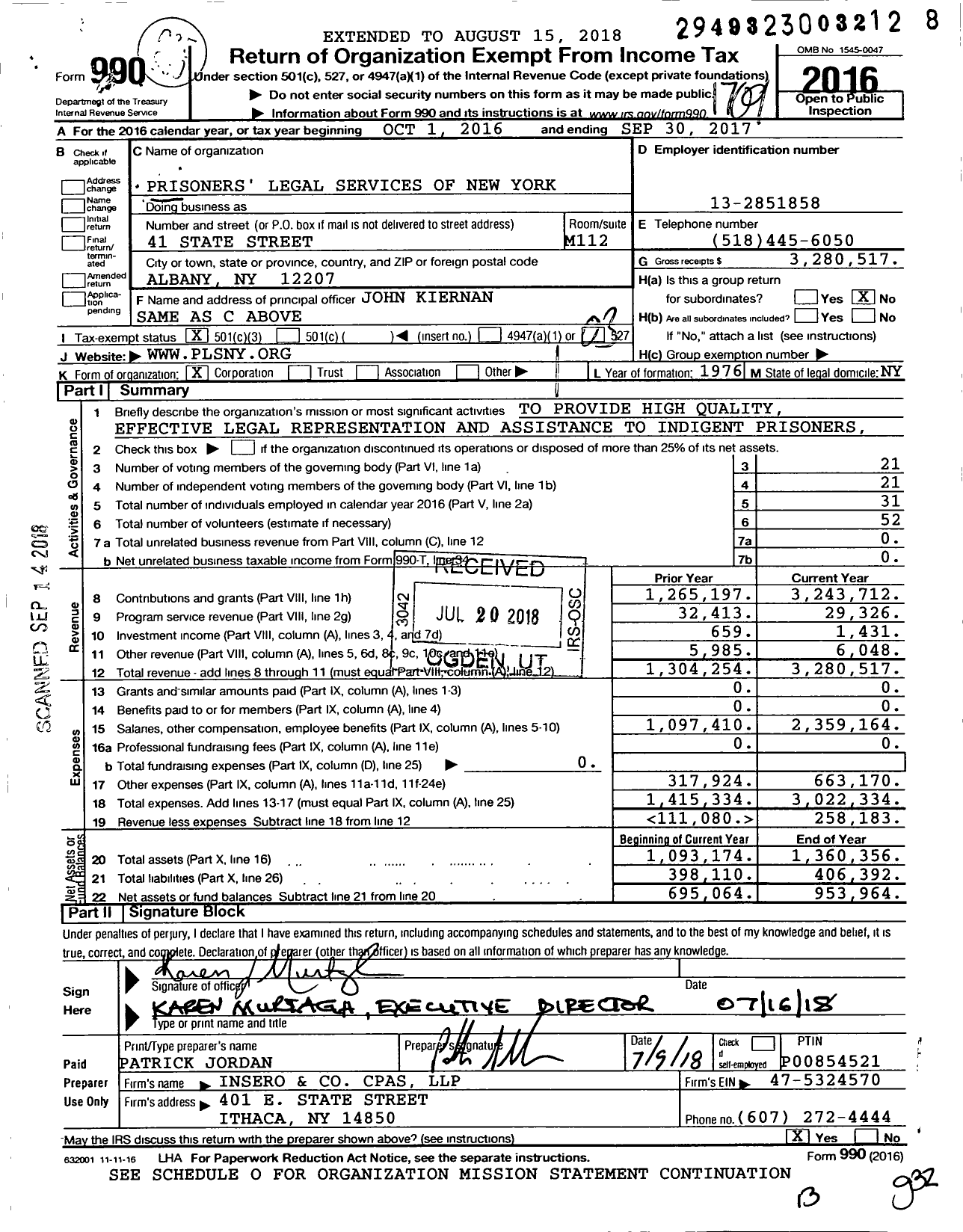 Image of first page of 2016 Form 990 for Prisoners Legal Services of New York