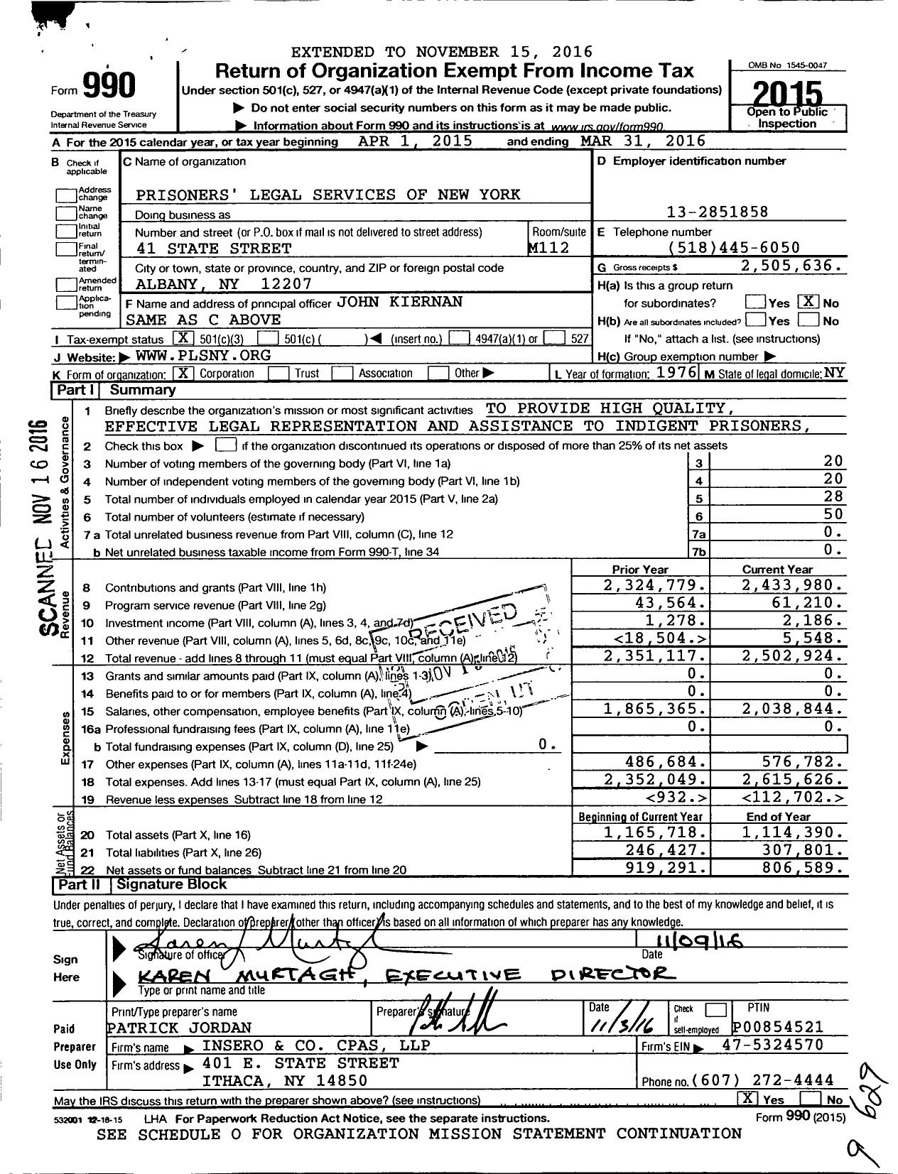 Image of first page of 2015 Form 990 for Prisoners Legal Services of New York