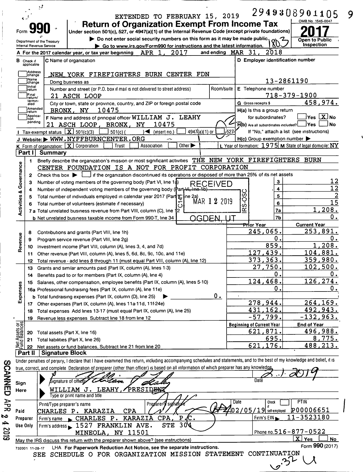 Image of first page of 2017 Form 990 for New York Firefighters Burn Center Foundation