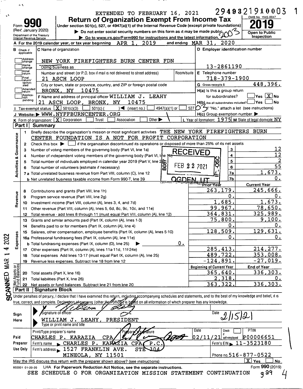 Image of first page of 2019 Form 990 for New York Firefighters Burn Center Foundation