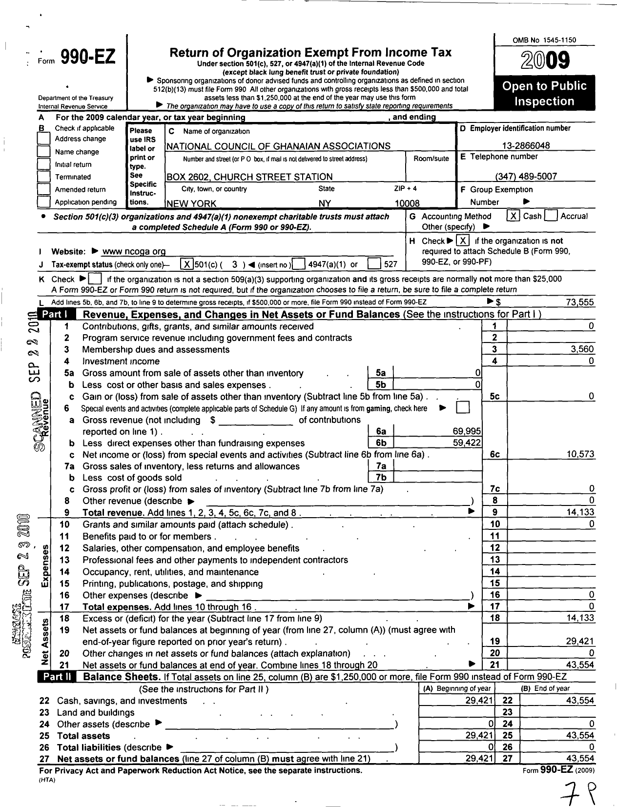 Image of first page of 2009 Form 990EZ for National Council of Ghanaian Association