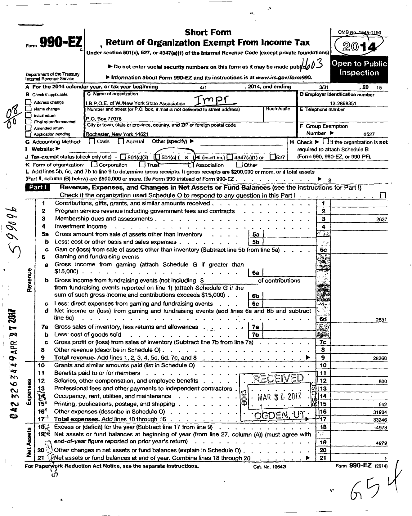 Image of first page of 2015 Form 990EO for Improved Benevolent and Protective Order of Elks of the World - Ny State Association