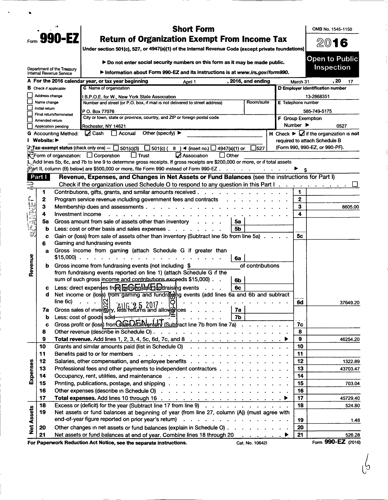 Image of first page of 2016 Form 990EO for Improved Benevolent and Protective Order of Elks of the World - Ny State Association