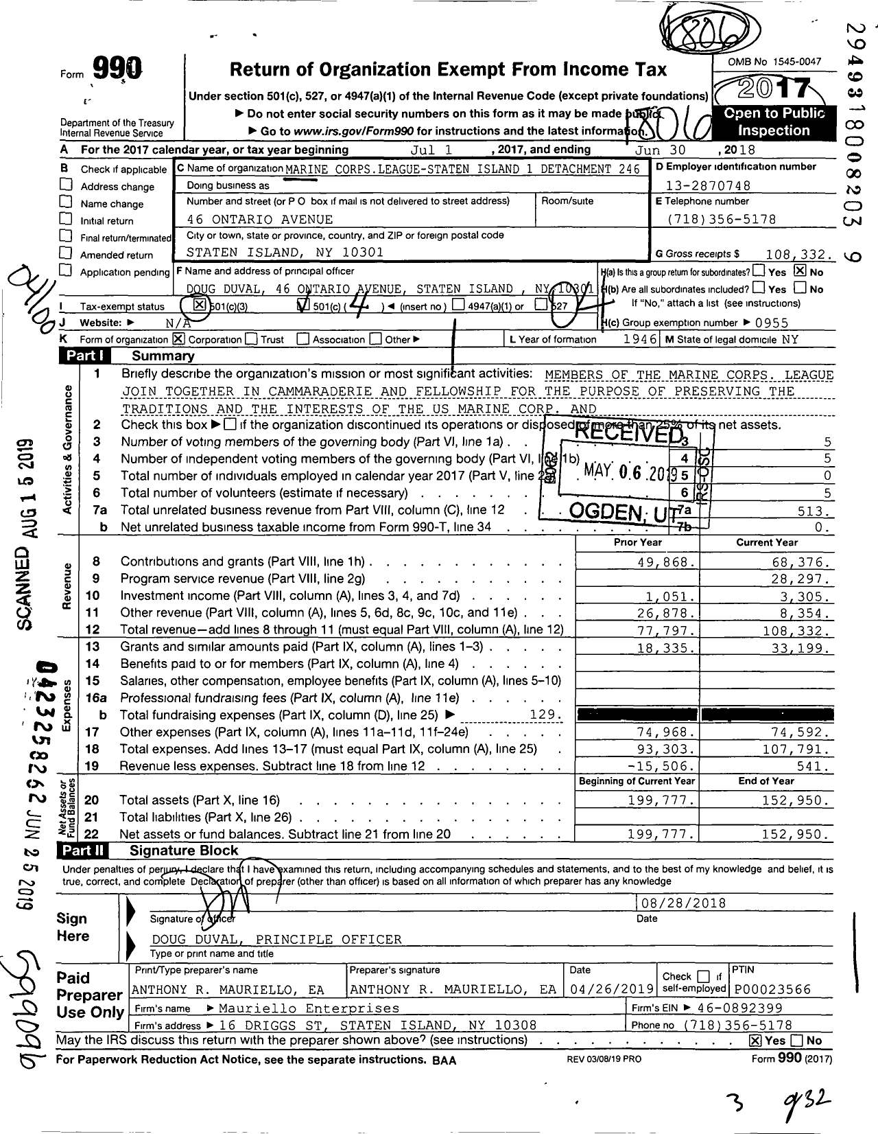 Image of first page of 2017 Form 990O for Marine Corps League-Staten Island Detachment 246