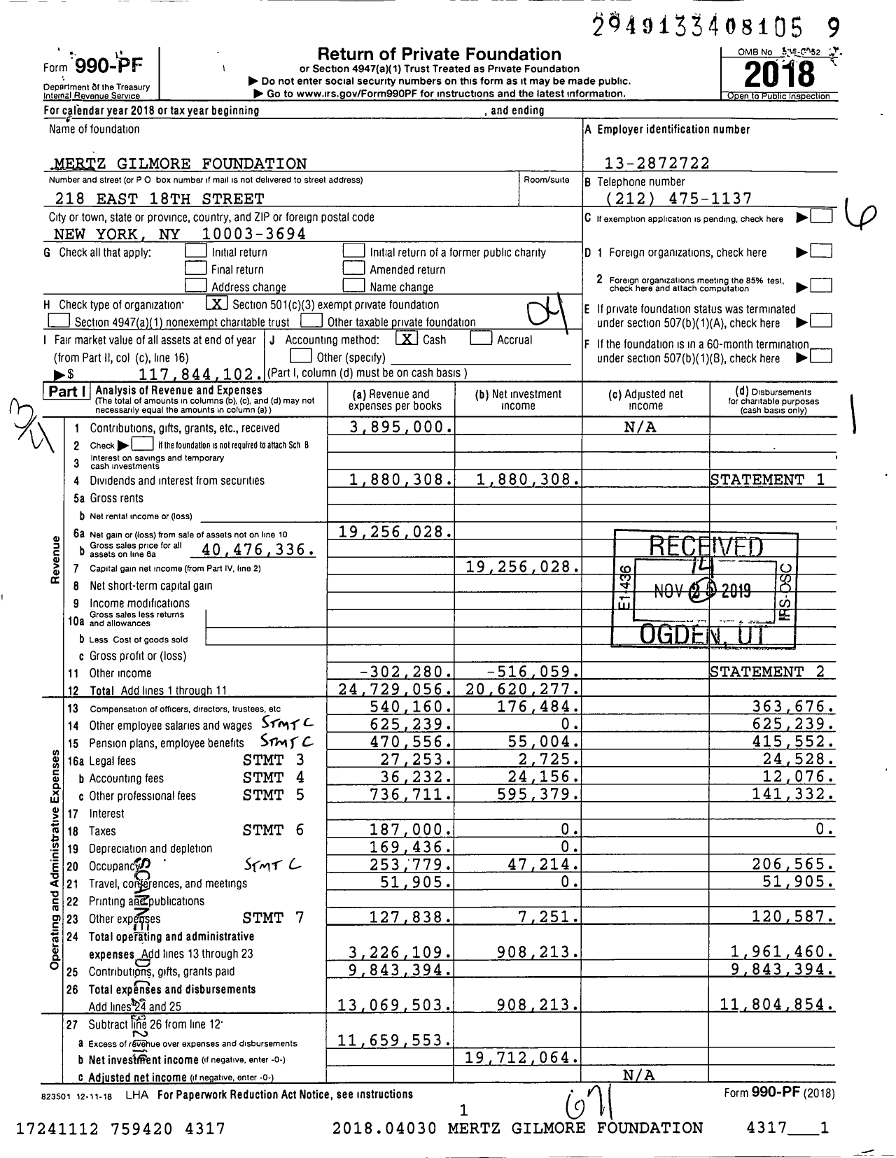 Image of first page of 2018 Form 990PF for Mertz Gilmore Foundation