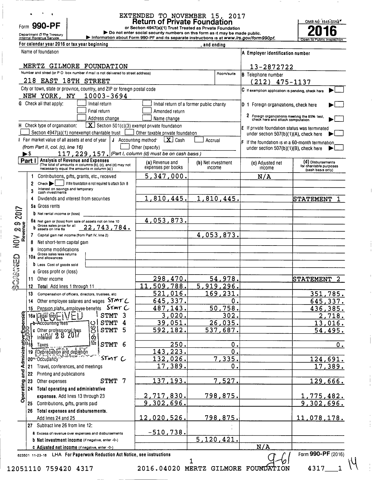 Image of first page of 2016 Form 990PF for Mertz Gilmore Foundation