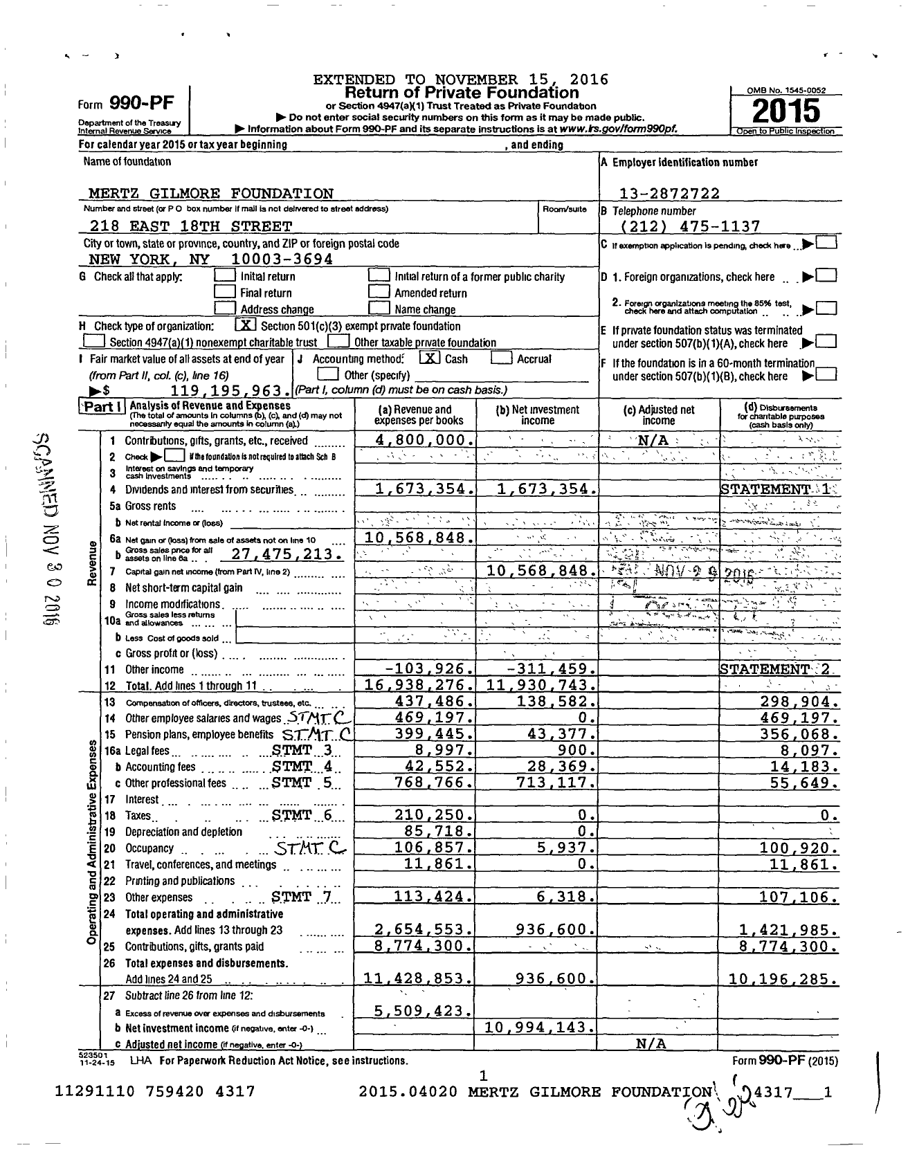 Image of first page of 2015 Form 990PF for Mertz Gilmore Foundation