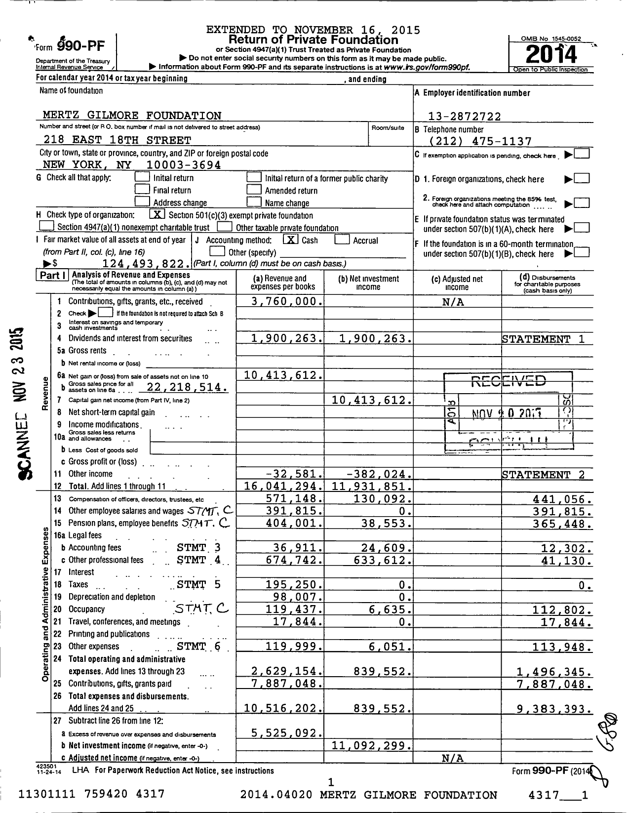 Image of first page of 2014 Form 990PF for Mertz Gilmore Foundation