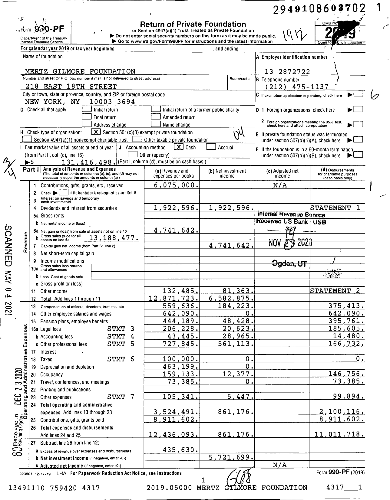 Image of first page of 2019 Form 990PF for Mertz Gilmore Foundation