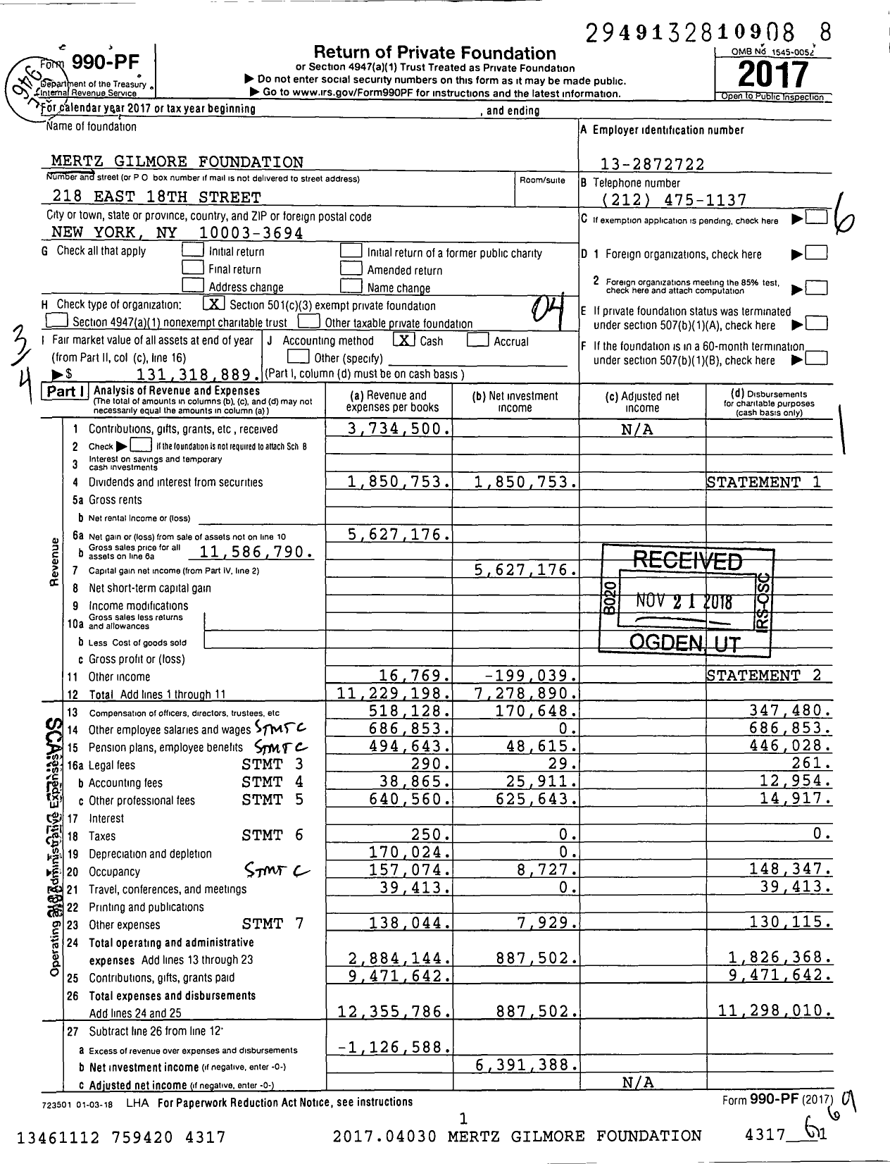 Image of first page of 2017 Form 990PF for Mertz Gilmore Foundation