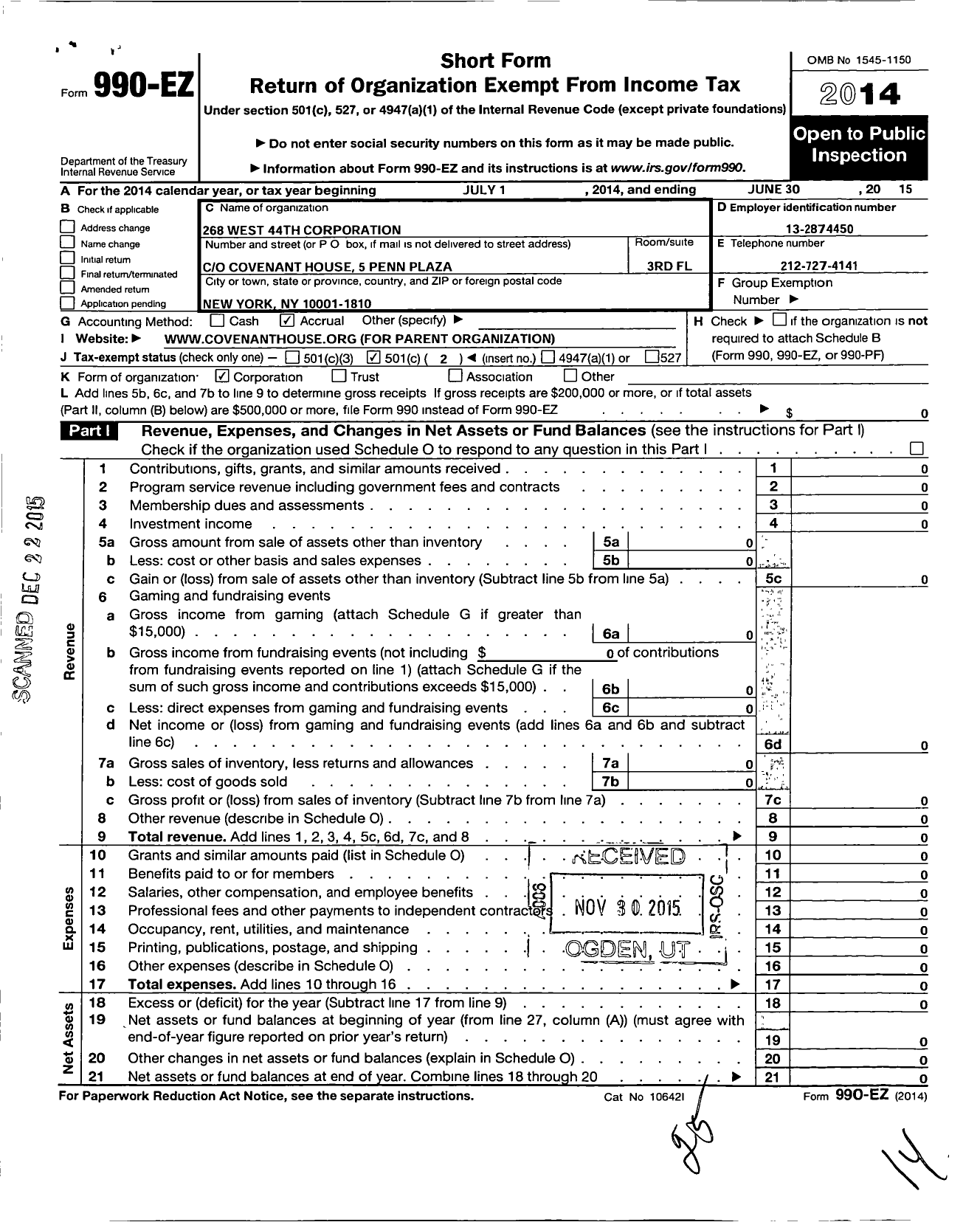 Image of first page of 2014 Form 990EO for 268 West 44th Corporation