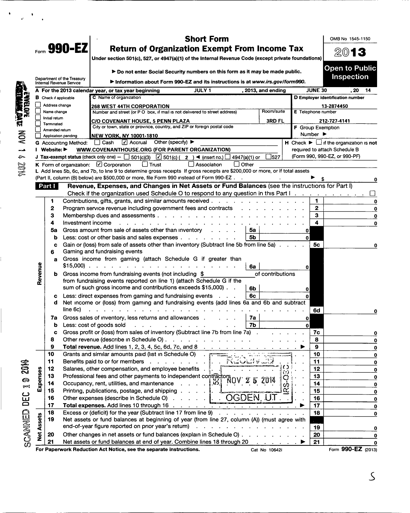 Image of first page of 2013 Form 990EO for 268 West 44th Corporation